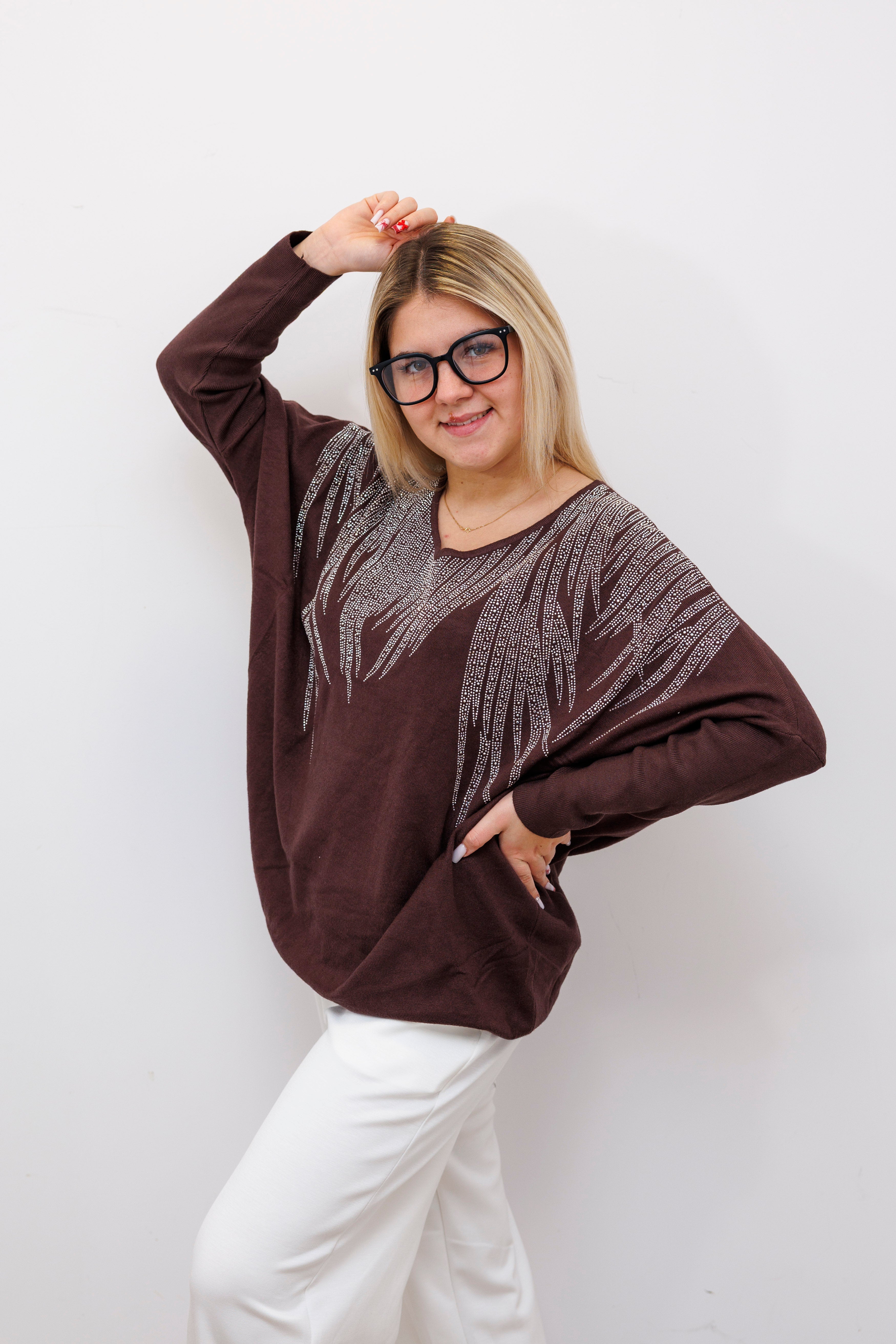 Stylowy sweter z dekoltem V Brąz