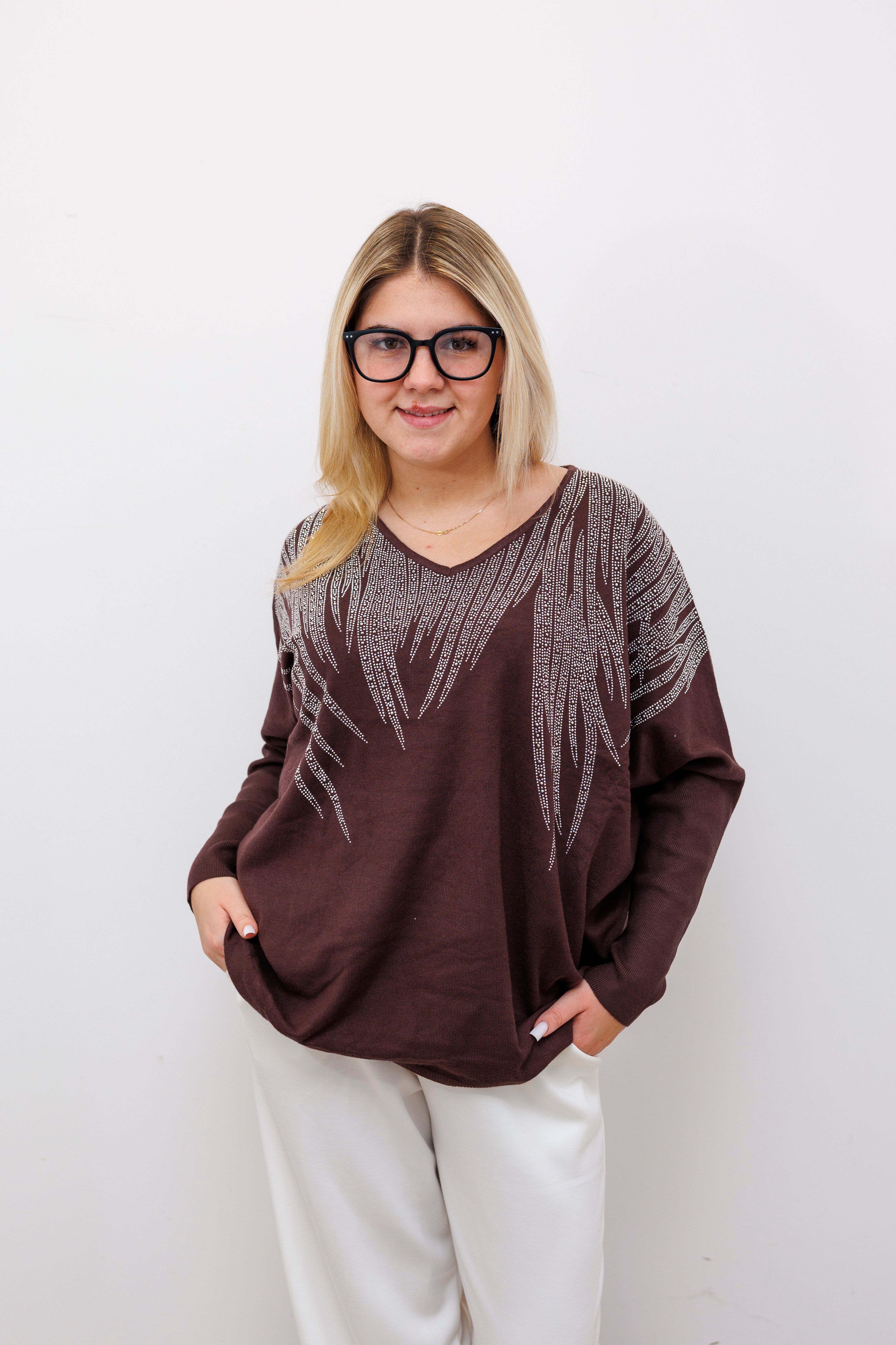 Stylowy sweter z dekoltem V Brąz