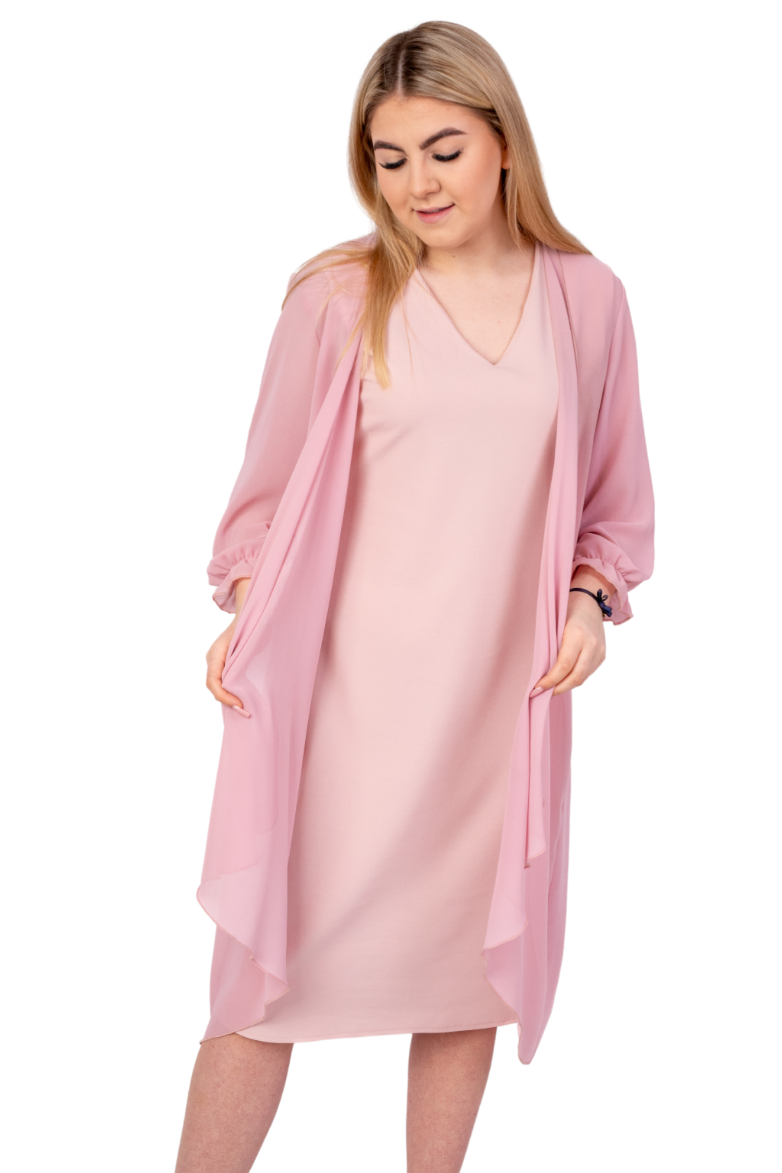 Elegancka sukienka damska (Sukienka + Narzuta) Pudrowy róż