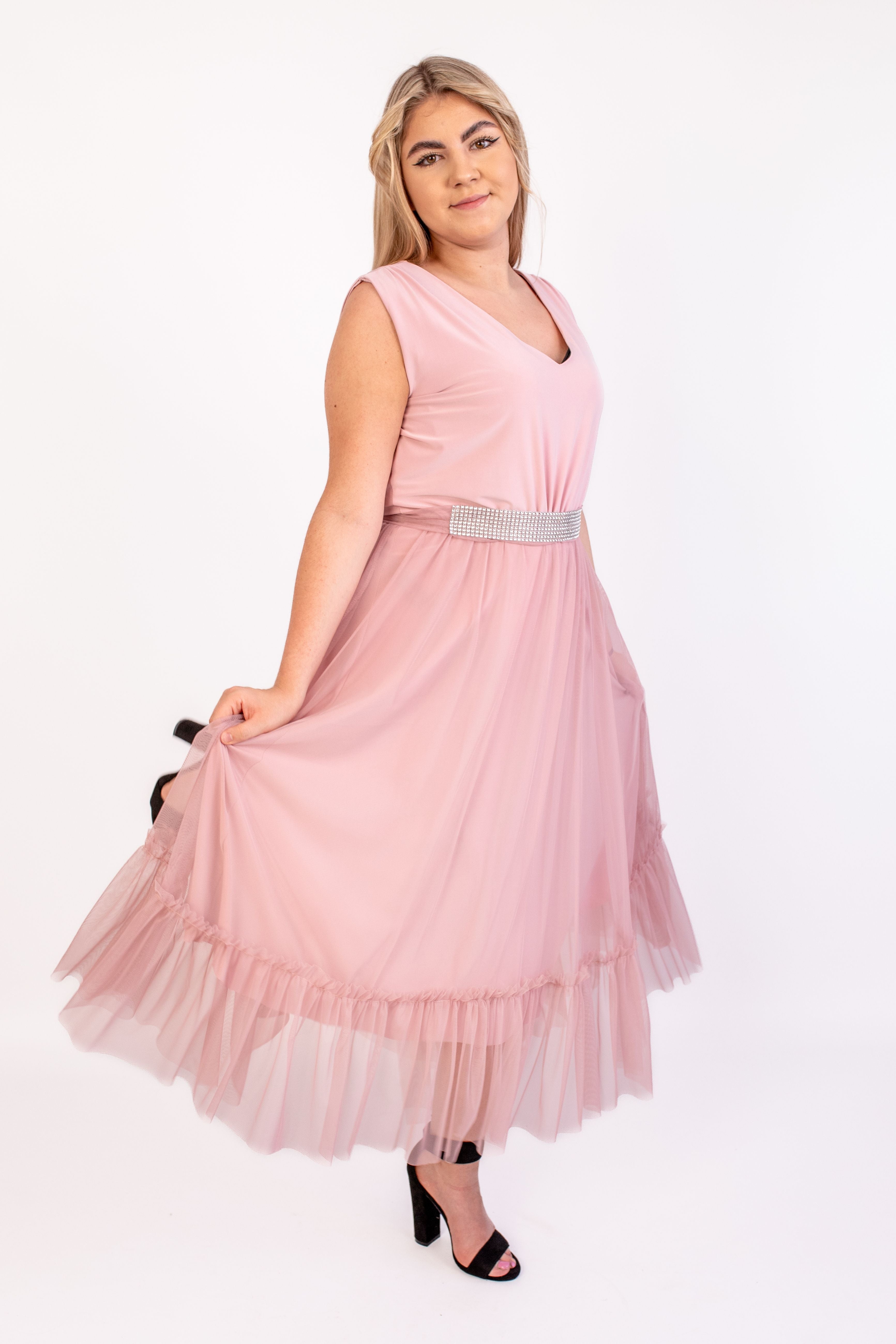 Modna zwiewna sukienka na impreze Pudrowy róż