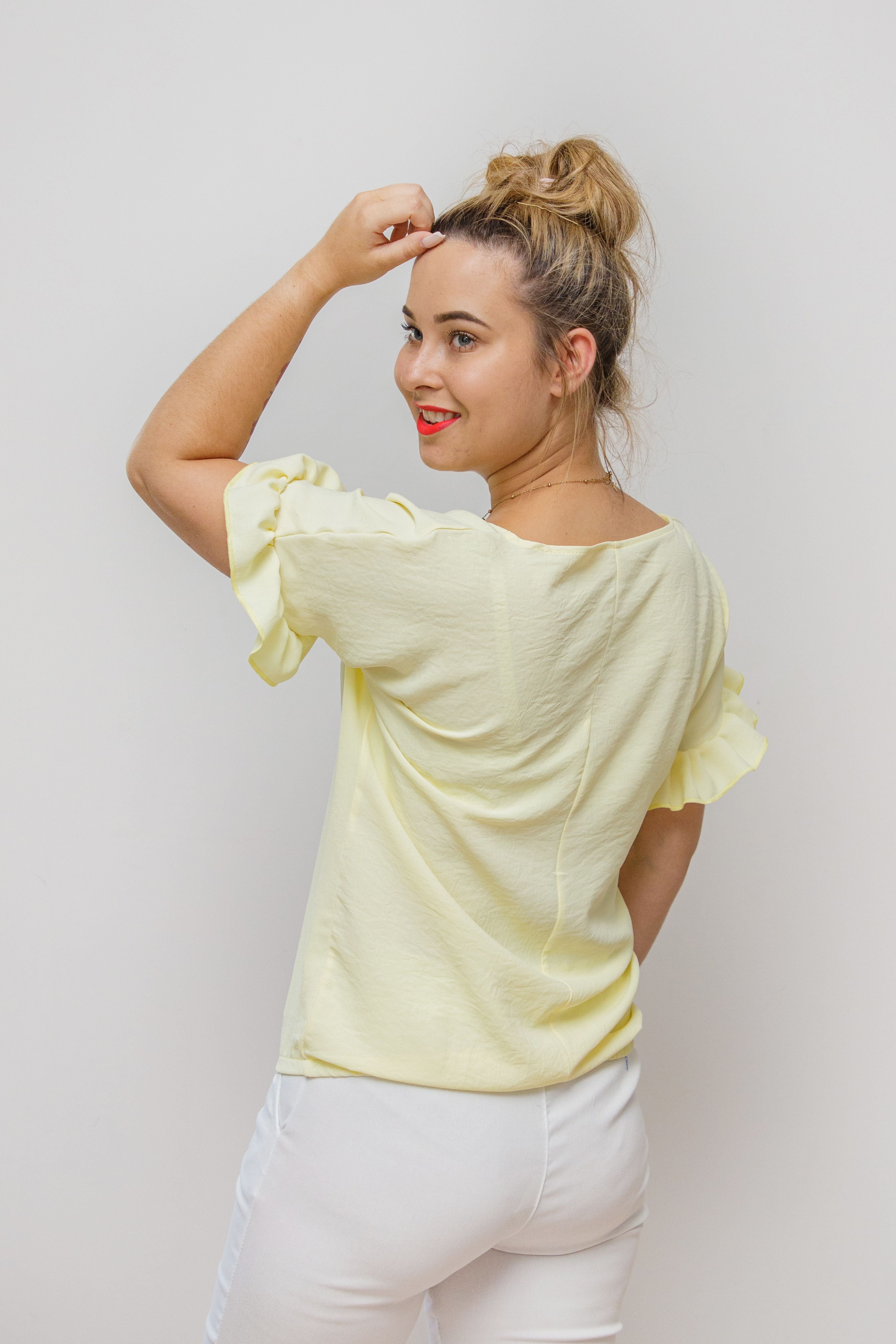 Modna elegancka luźna bluzka z krótkim rękawem Żółty