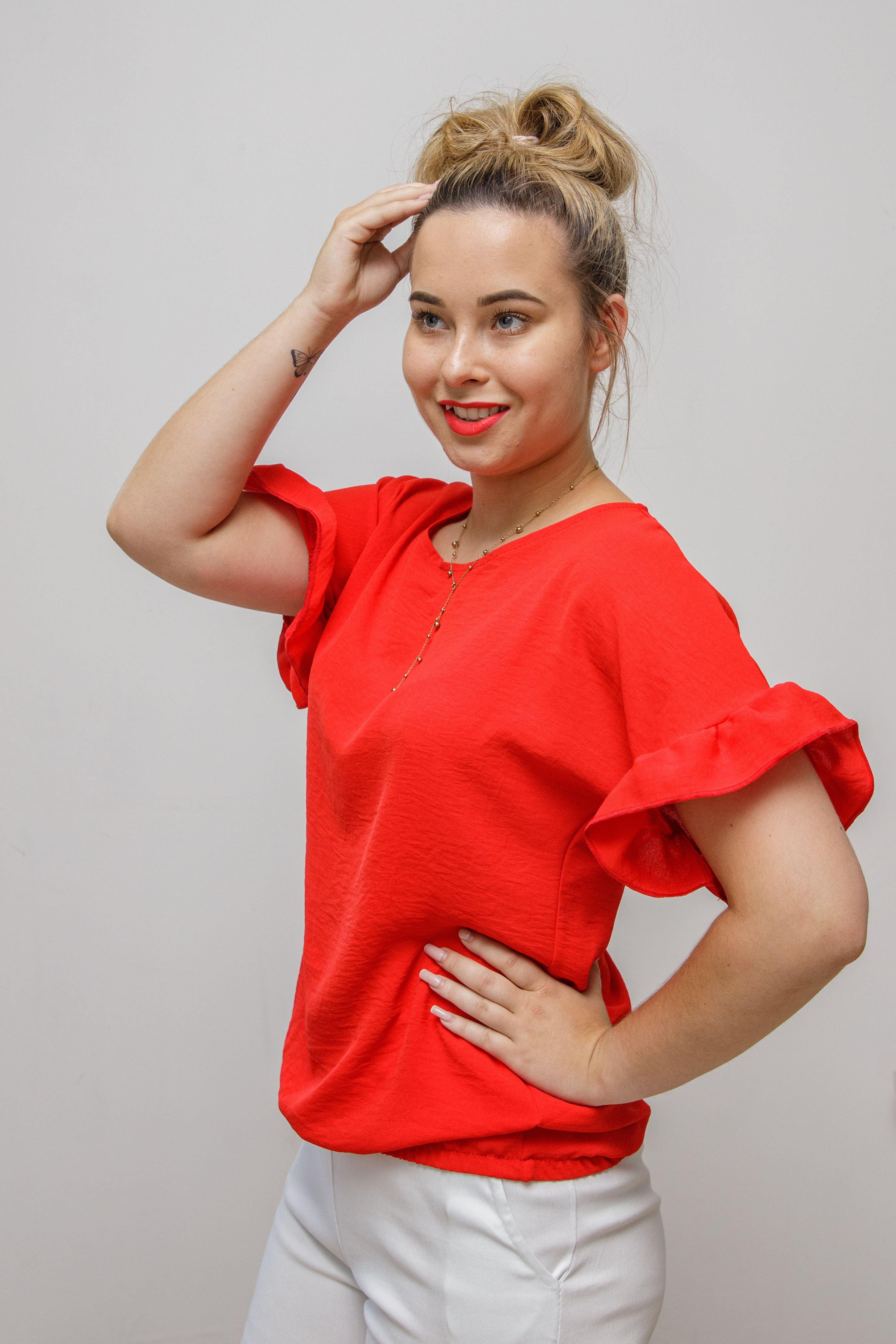 Modna elegancka luźna bluzka z krótkim rękawem Czerwony