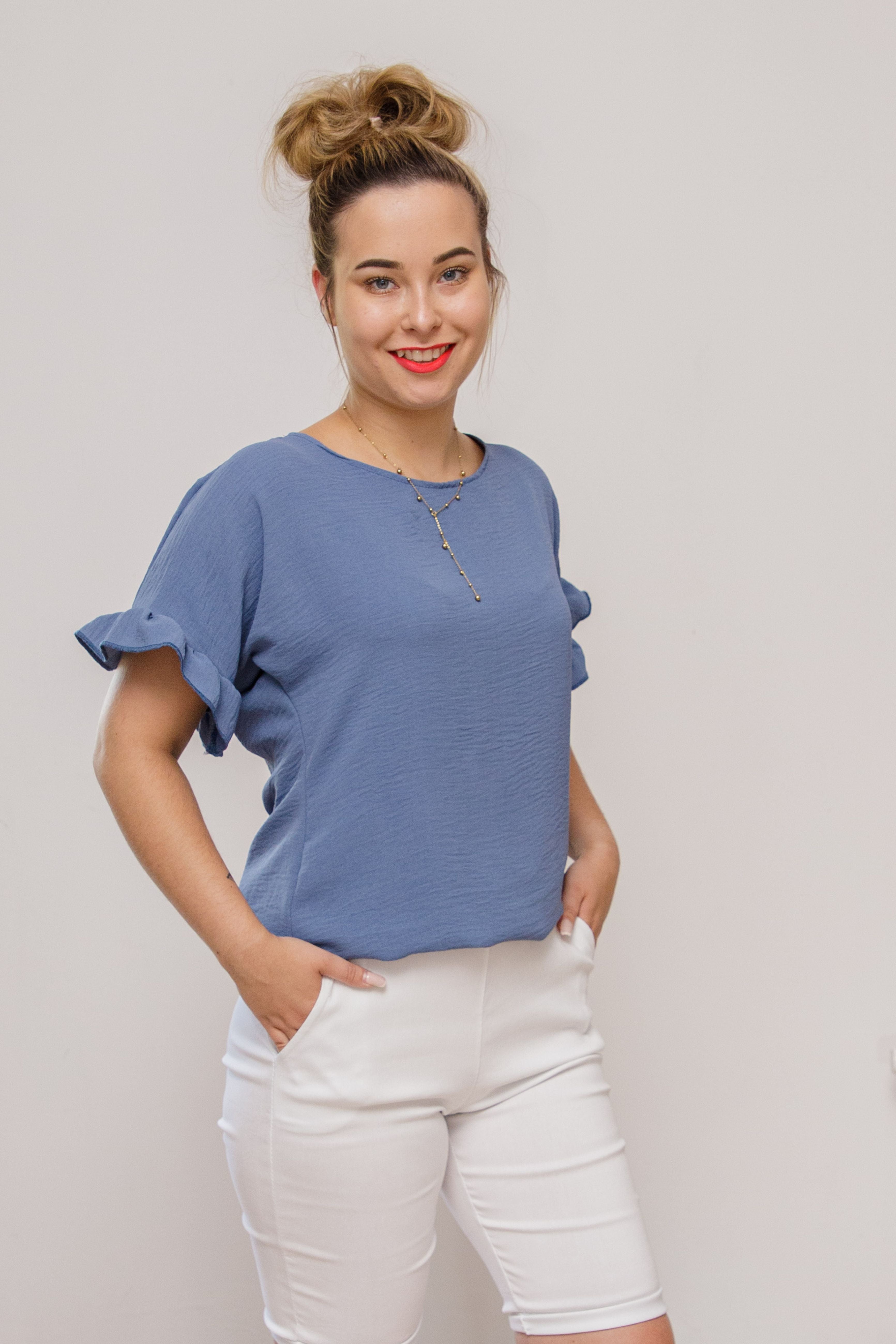 Modna elegancka luźna bluzka z krótkim rękawem Jeans