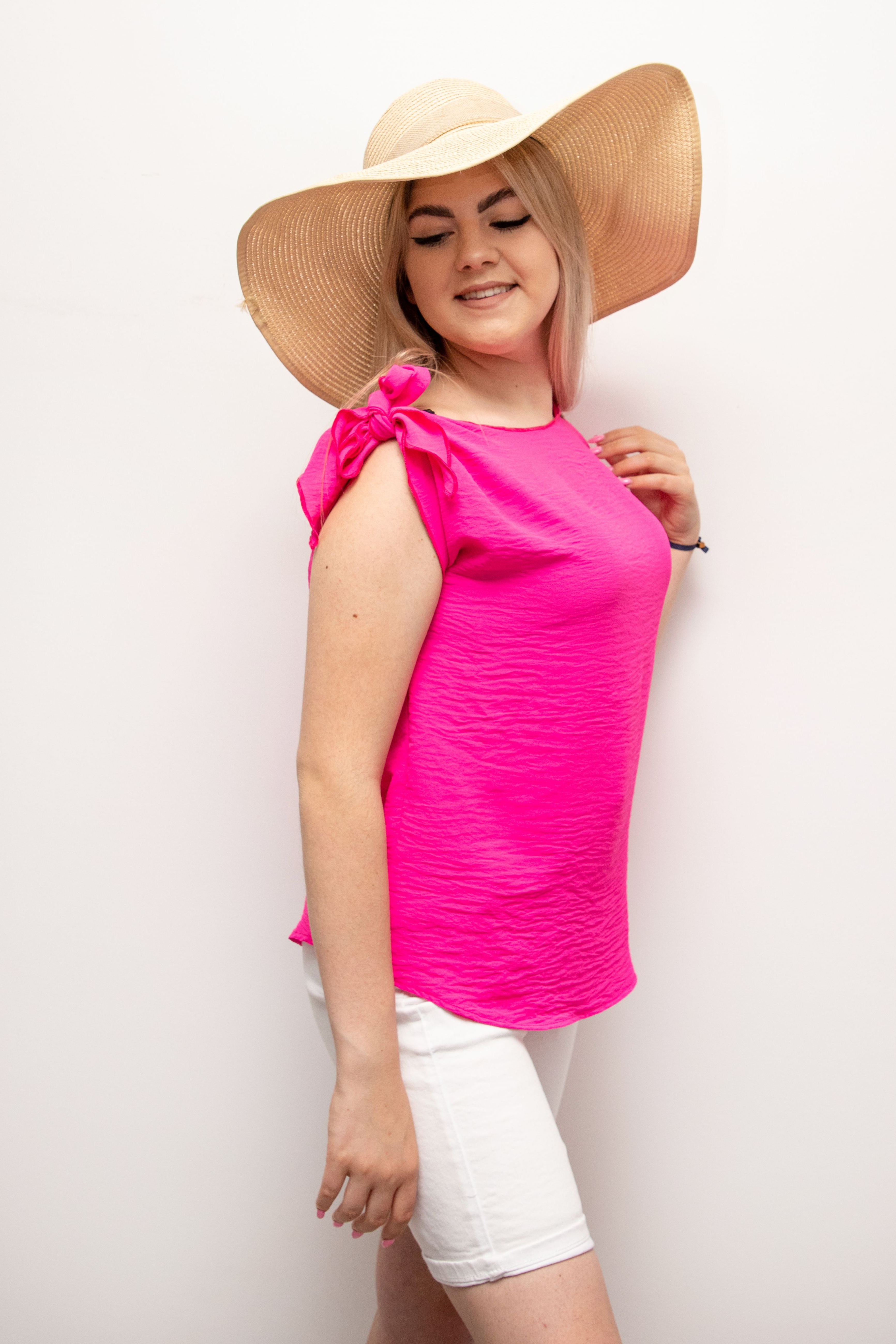 Śliczna wiosenna bluzka wiązanie krótki rękaw Fuksja