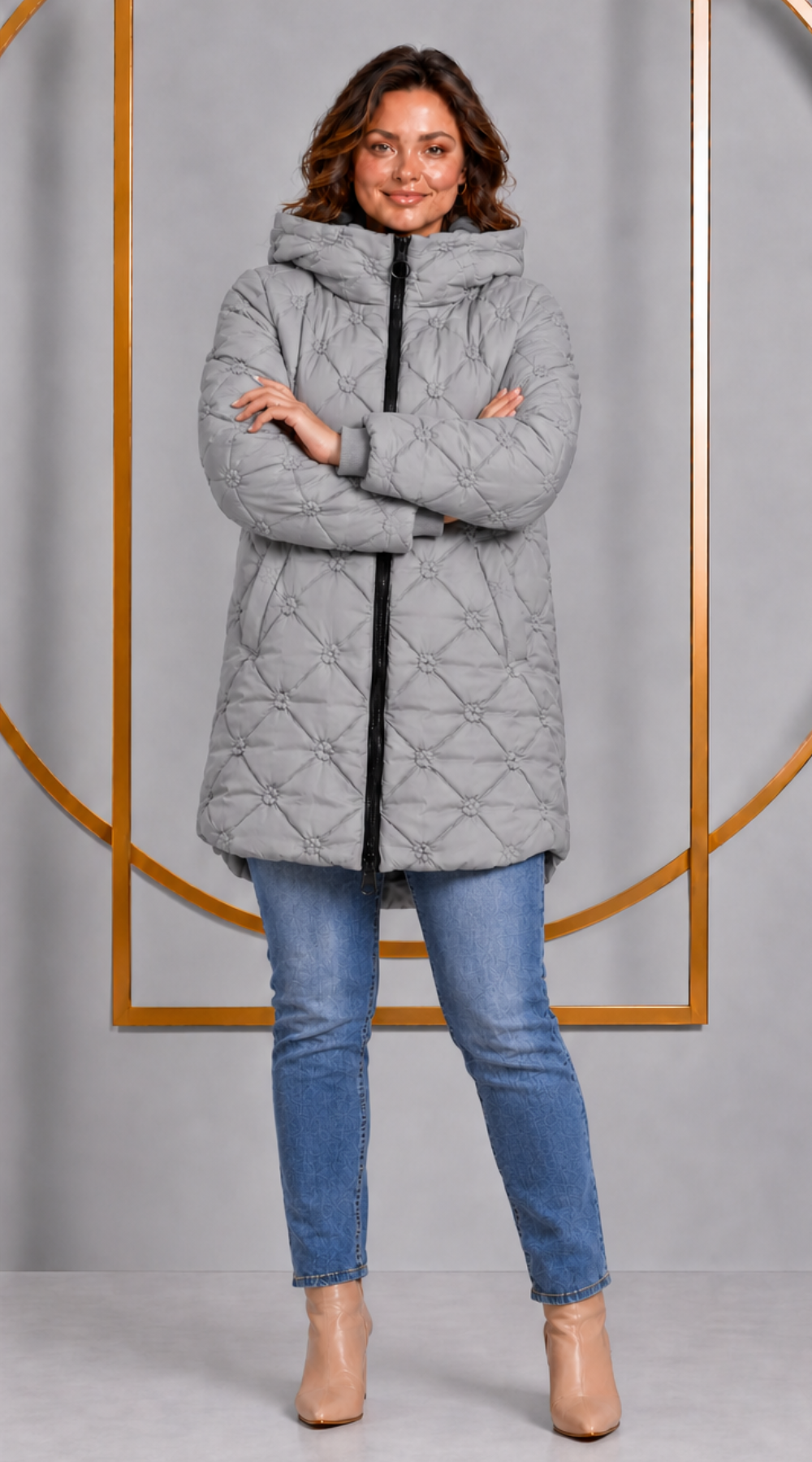 Kurtka damska z kwiatowym haftem elegancja w każdym detalu Popiel -Agapant-
