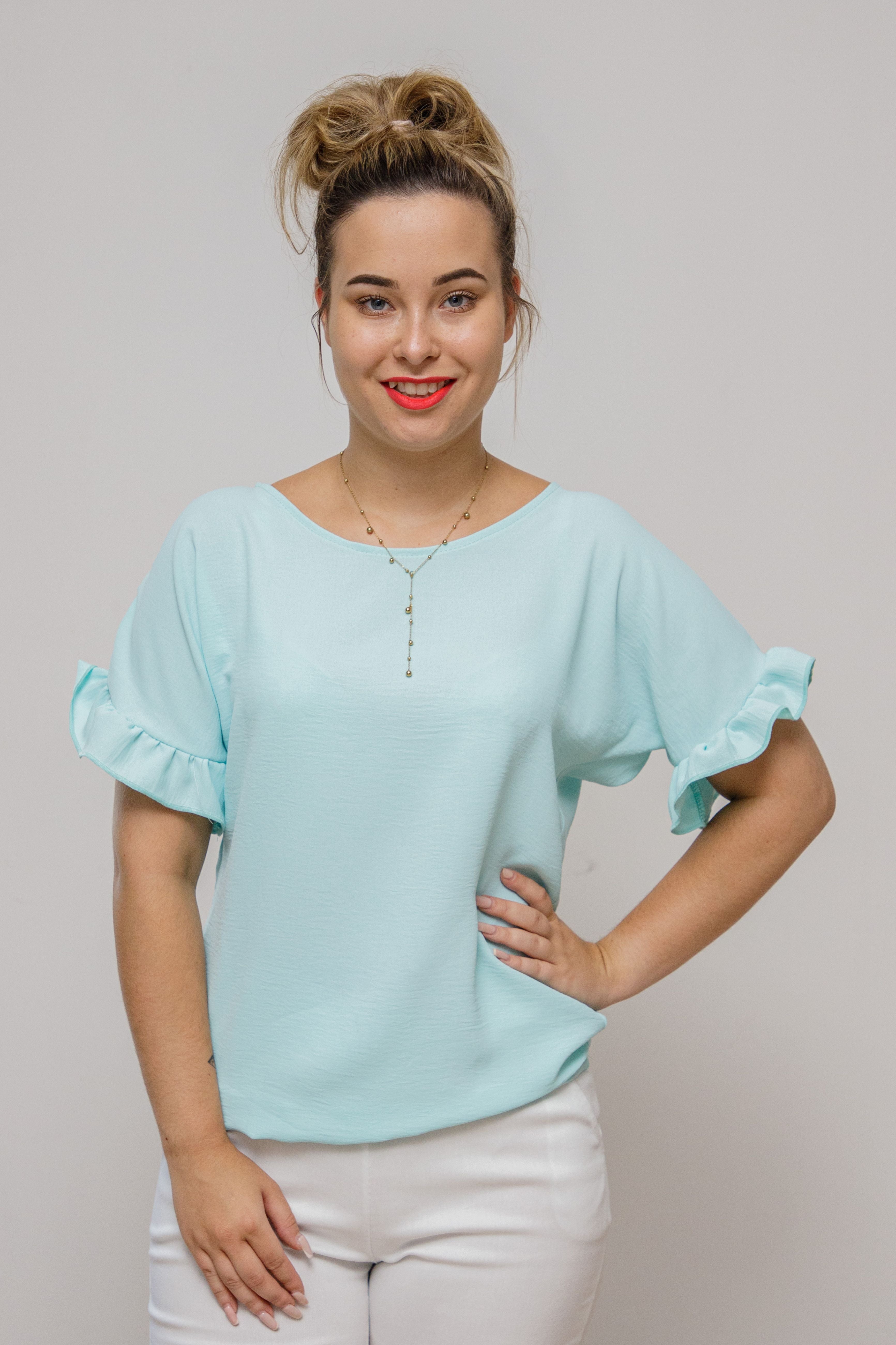 Modna elegancka luźna bluzka z krótkim rękawem Mięta