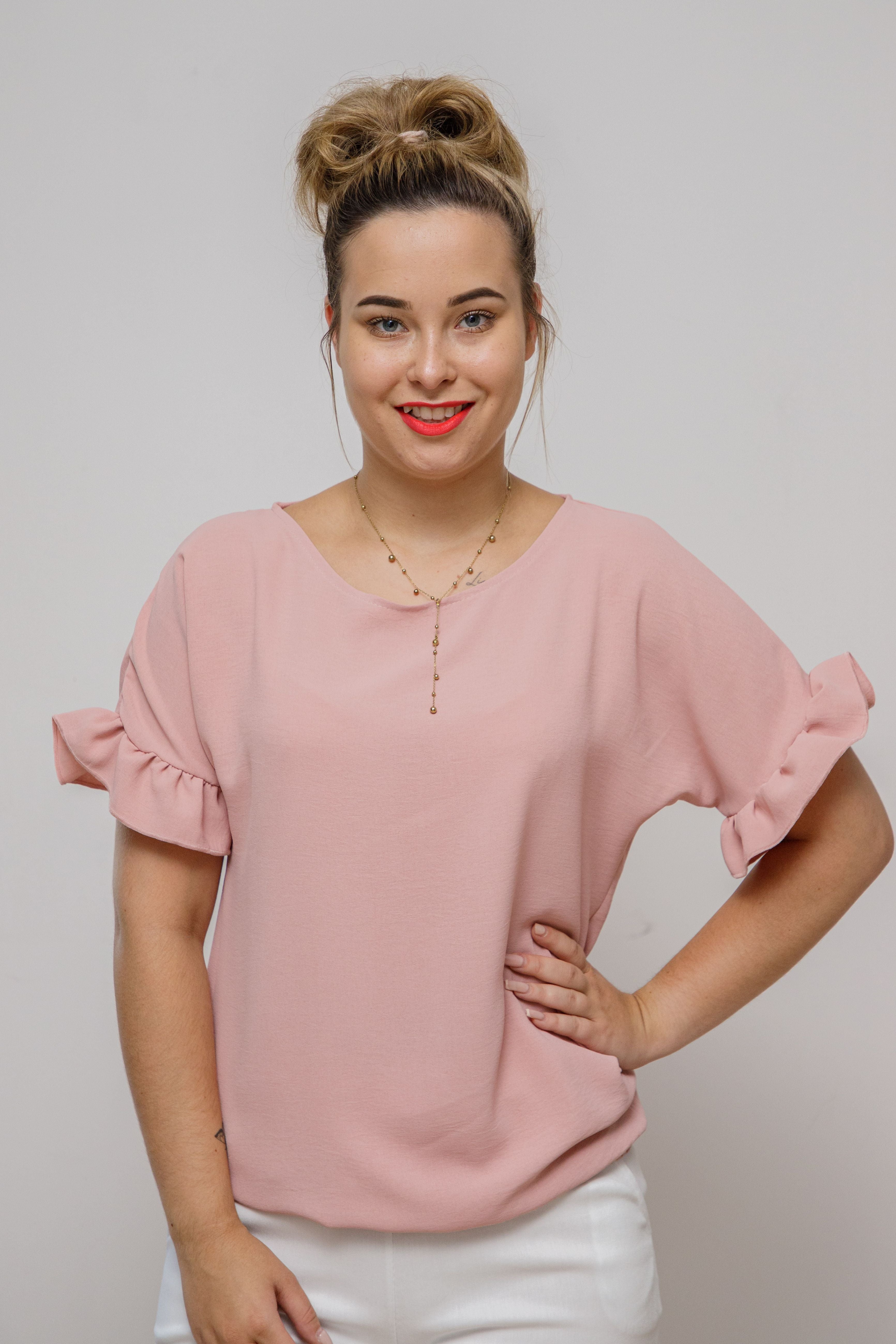Modna elegancka luźna bluzka z krótkim rękawem Pudrowy róż