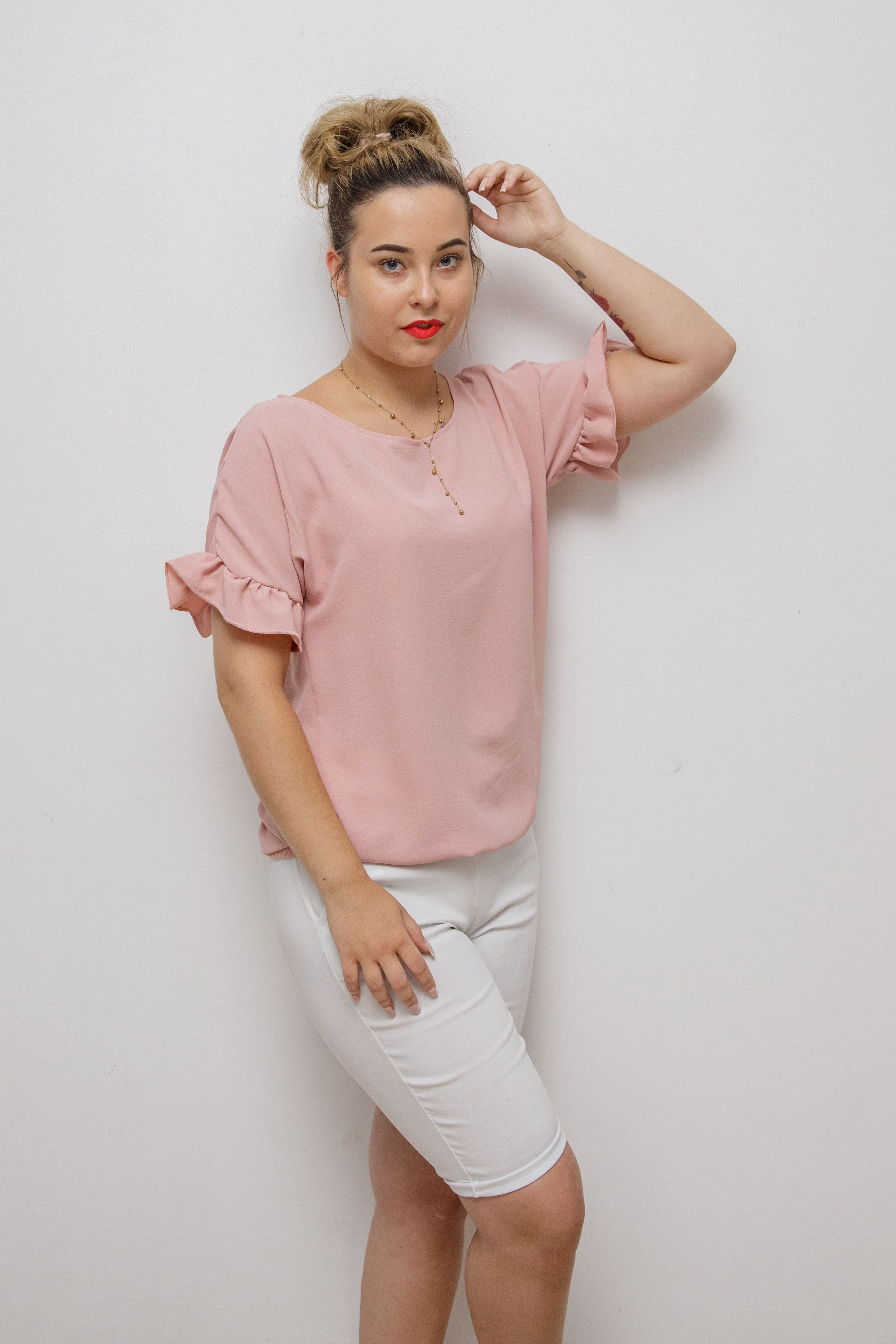 Modna elegancka luźna bluzka z krótkim rękawem Pudrowy róż