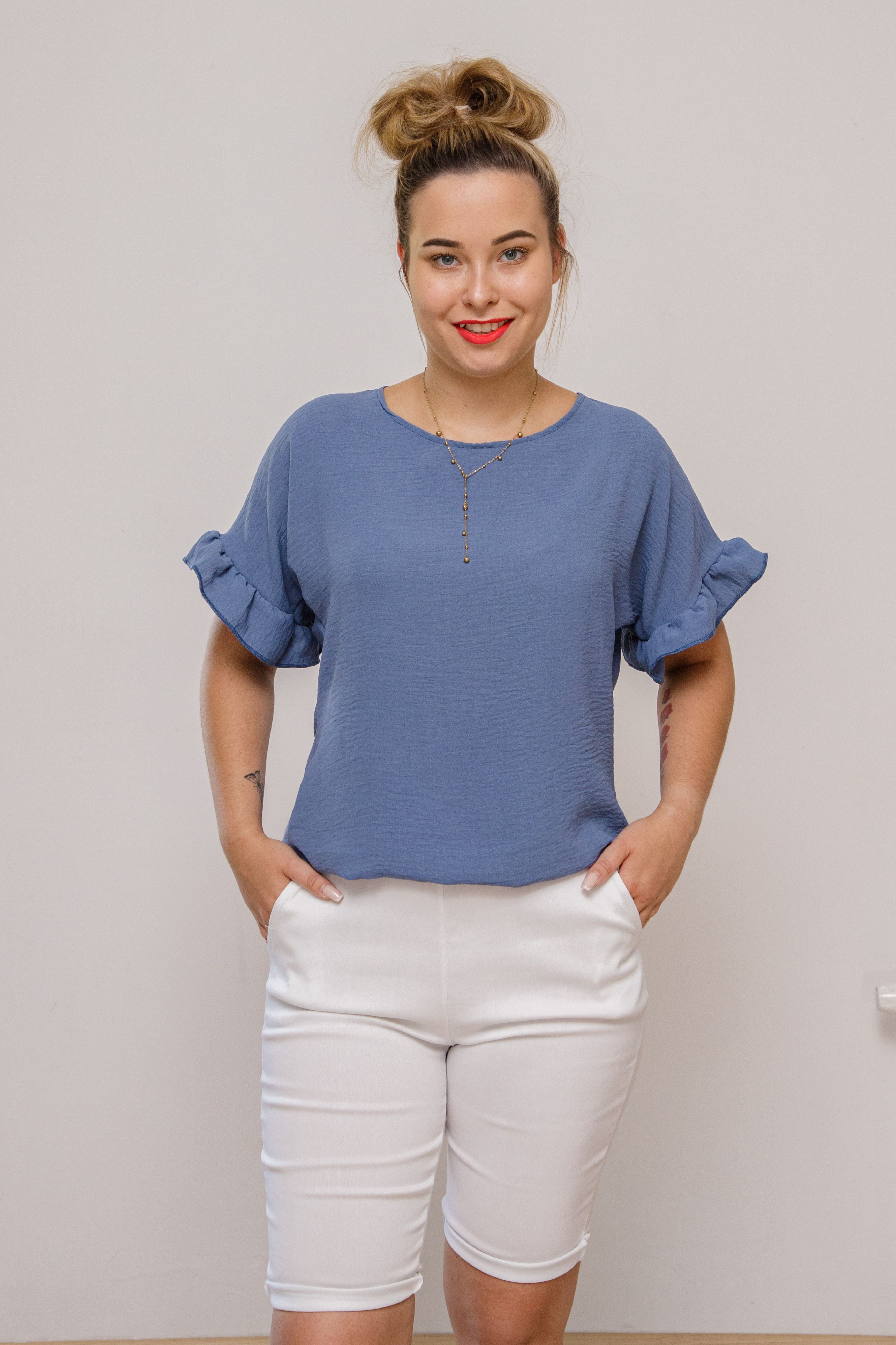 Modna elegancka luźna bluzka z krótkim rękawem Jeans