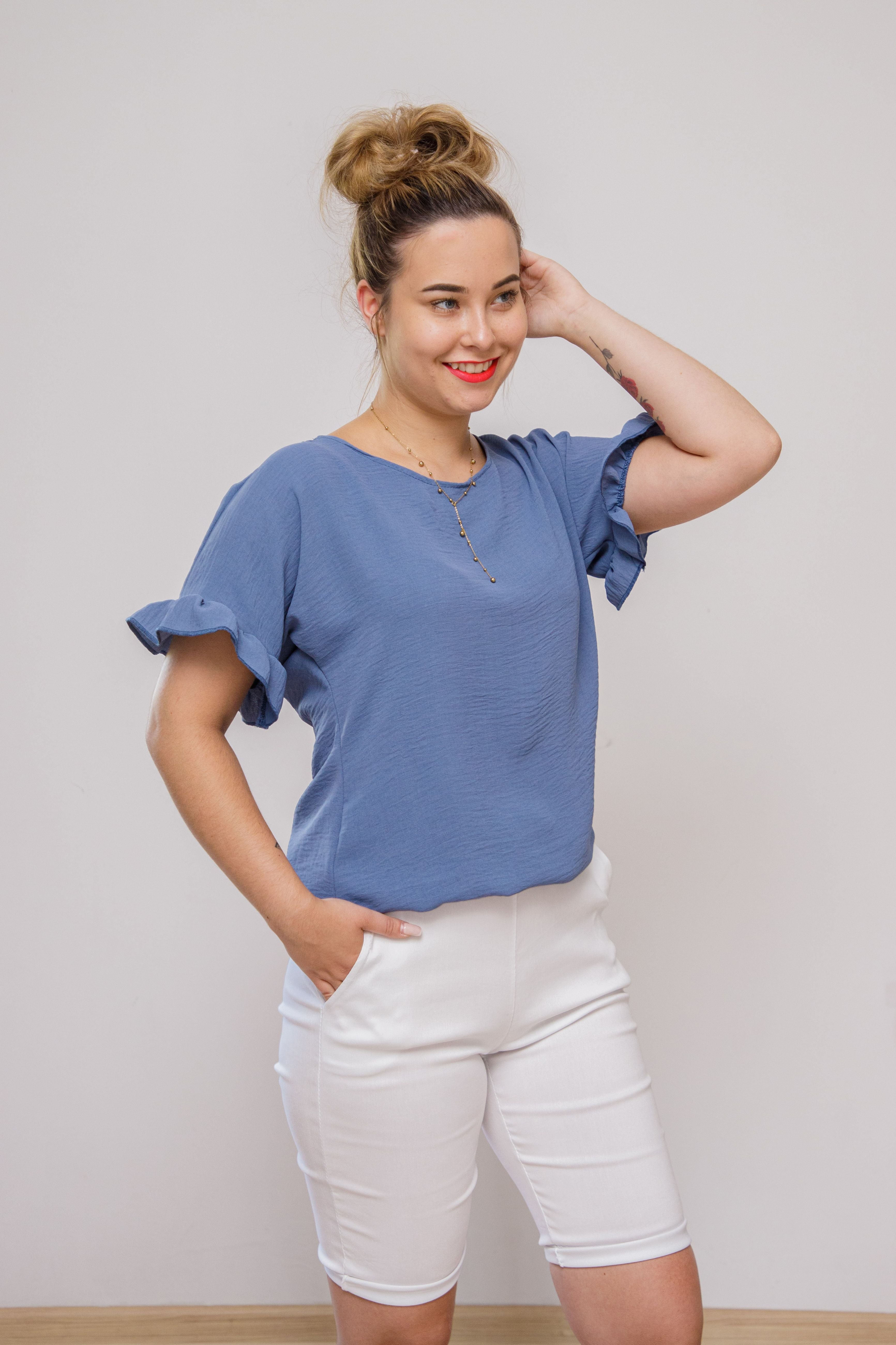 Modna elegancka luźna bluzka z krótkim rękawem Jeans