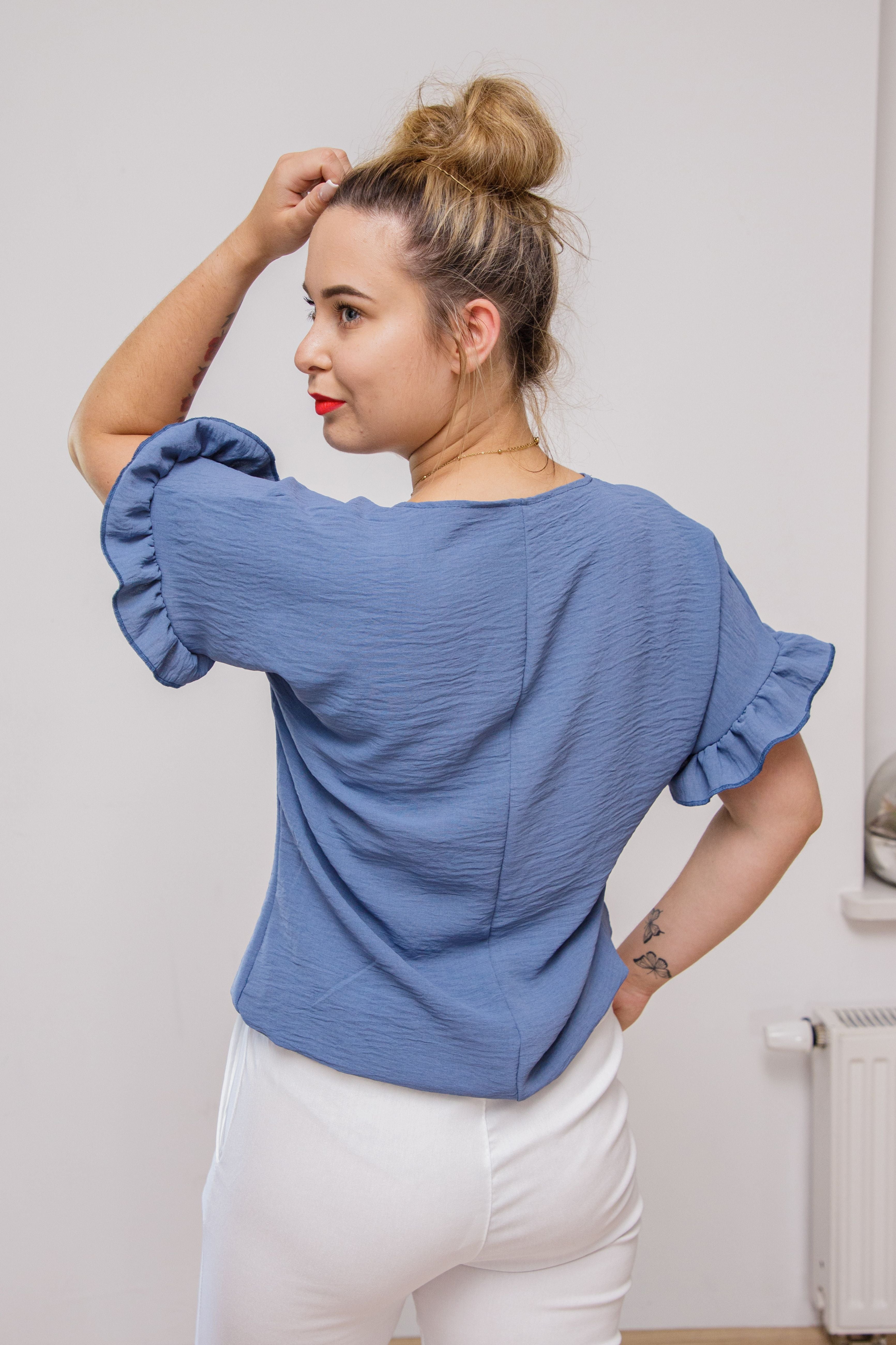 Modna elegancka luźna bluzka z krótkim rękawem Jeans