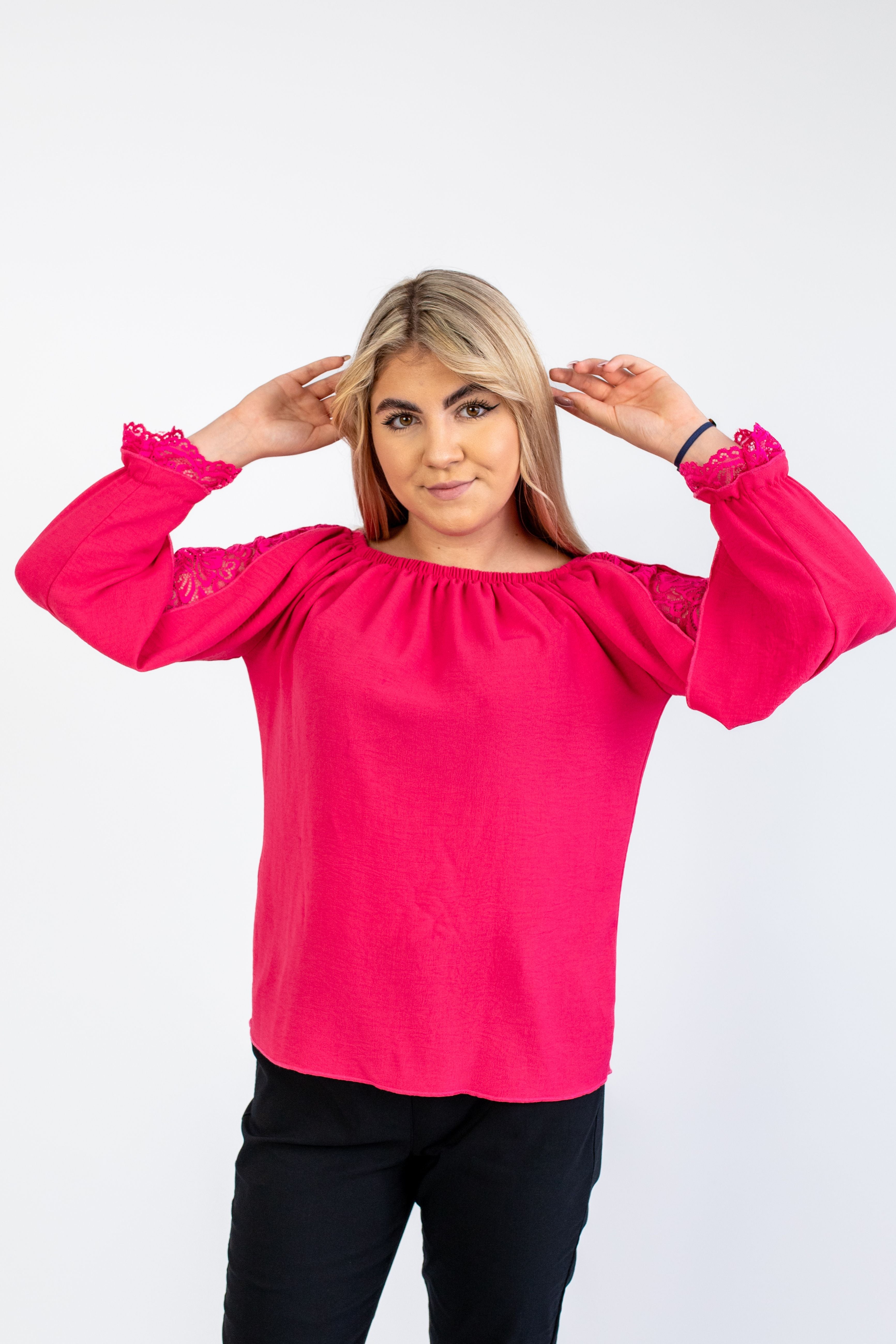 Luźna elegancka bluzka z długim rękawem z ukrytą koronką Fuksja