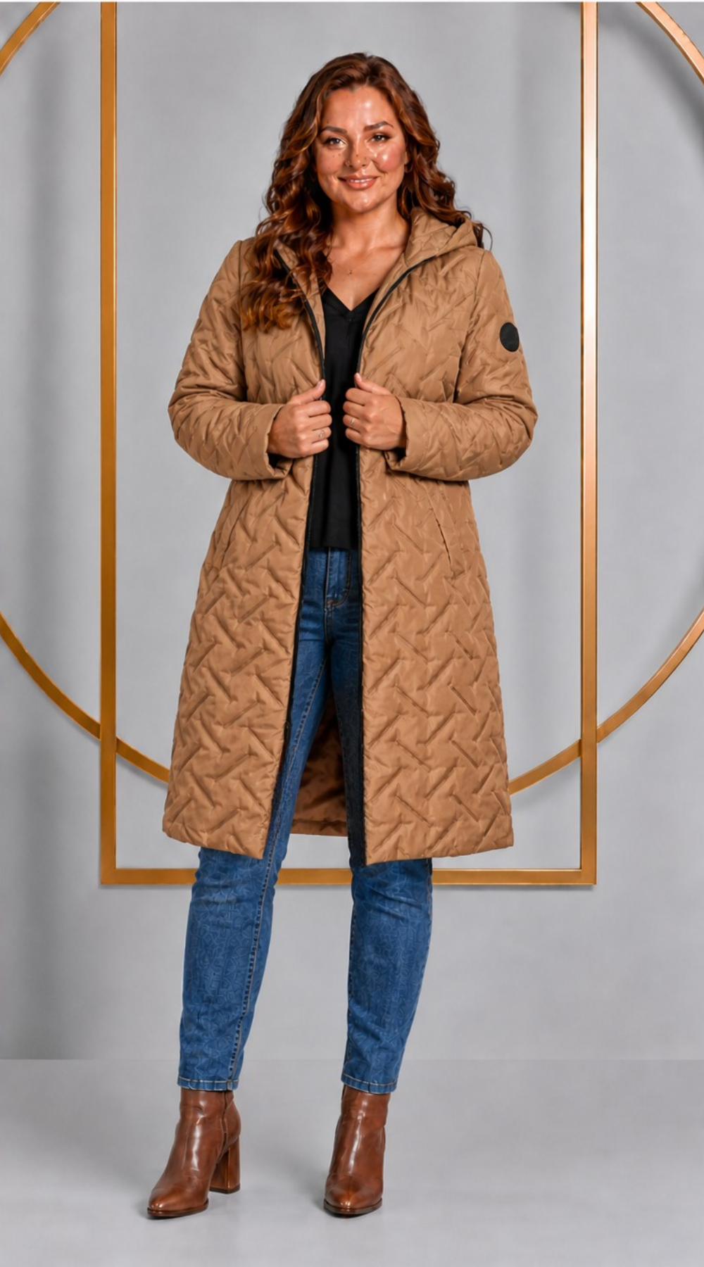Długa zimowa kurtka z kapturem polska produkcja Beż-Eukomis-