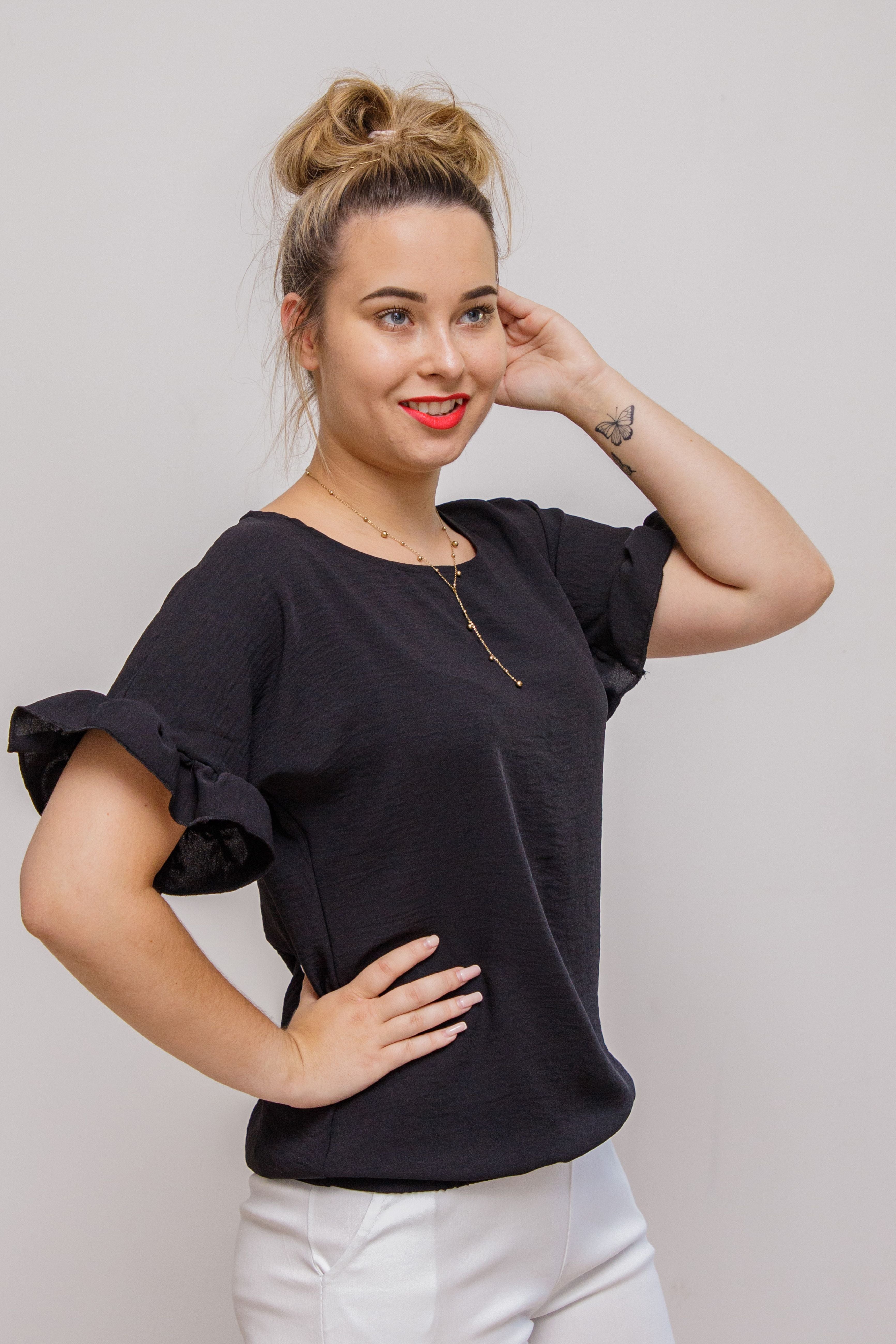 Modna elegancka luźna bluzka z krótkim rękawem Czarny