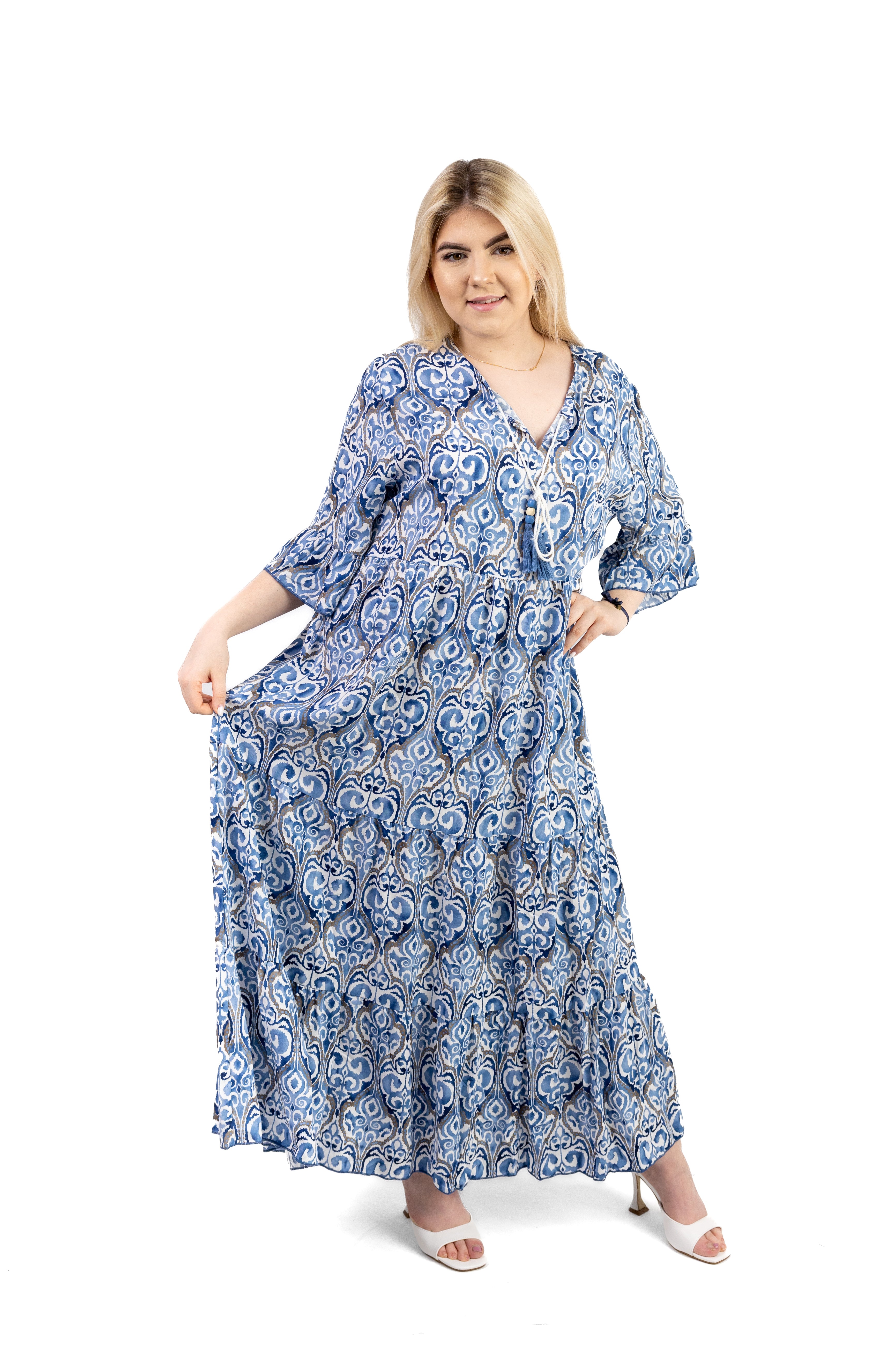Włoska sukienka boho z falbanami i rękawem z falbanką Wzór 2