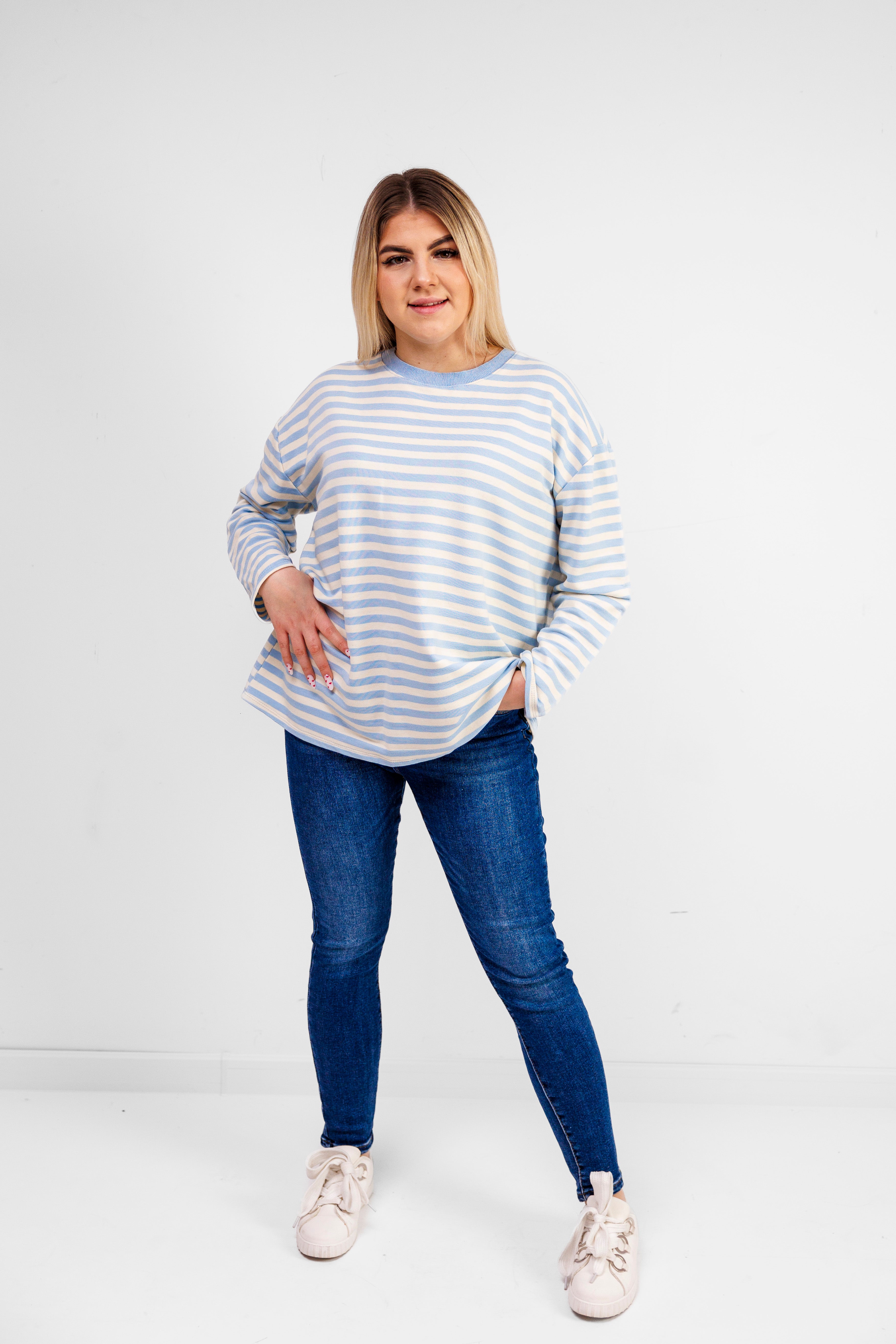 Casualowa bluza bawełniana w paski Błekit-Krem