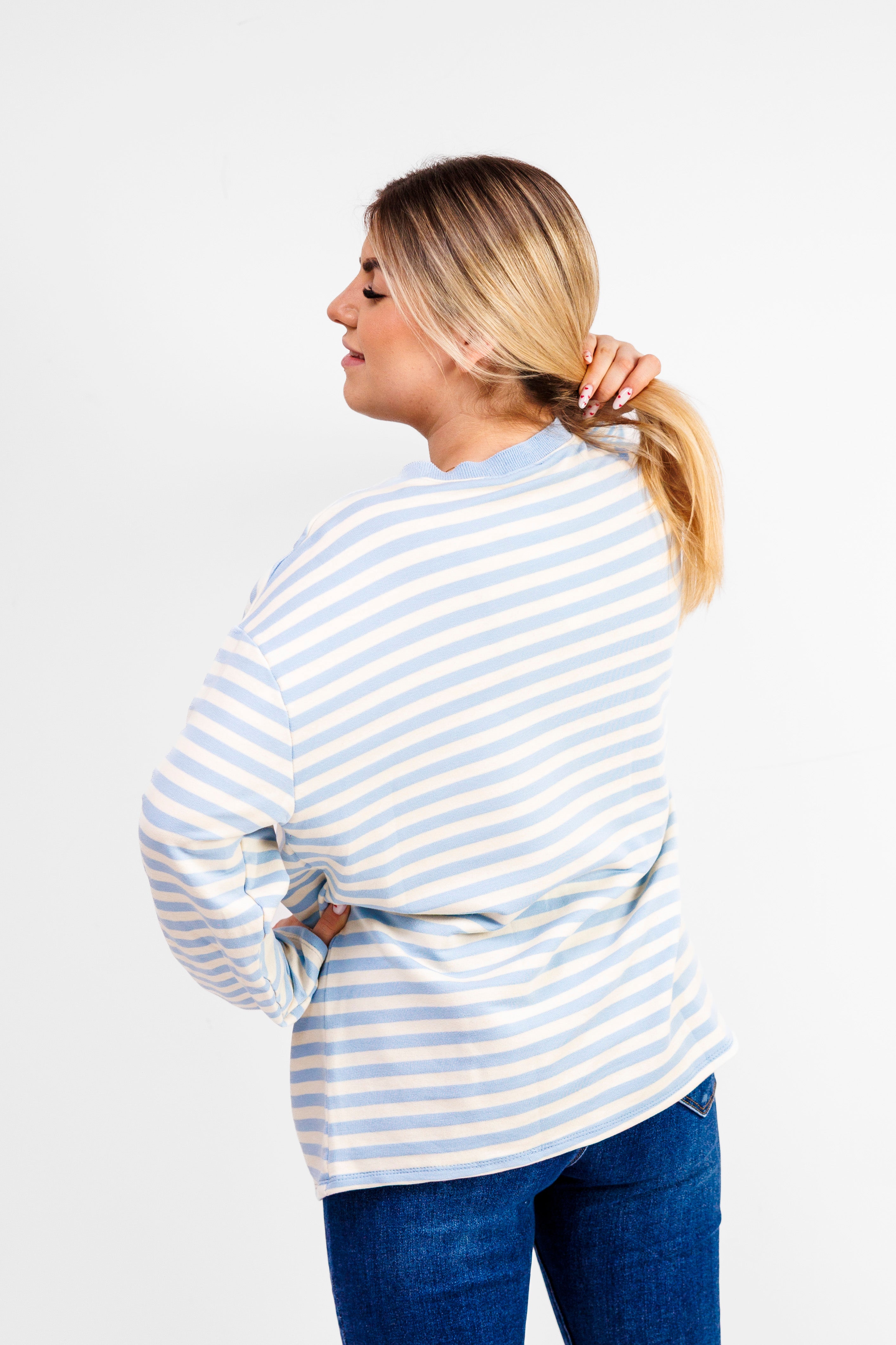 Casualowa bluza bawełniana w paski Błekit-Krem