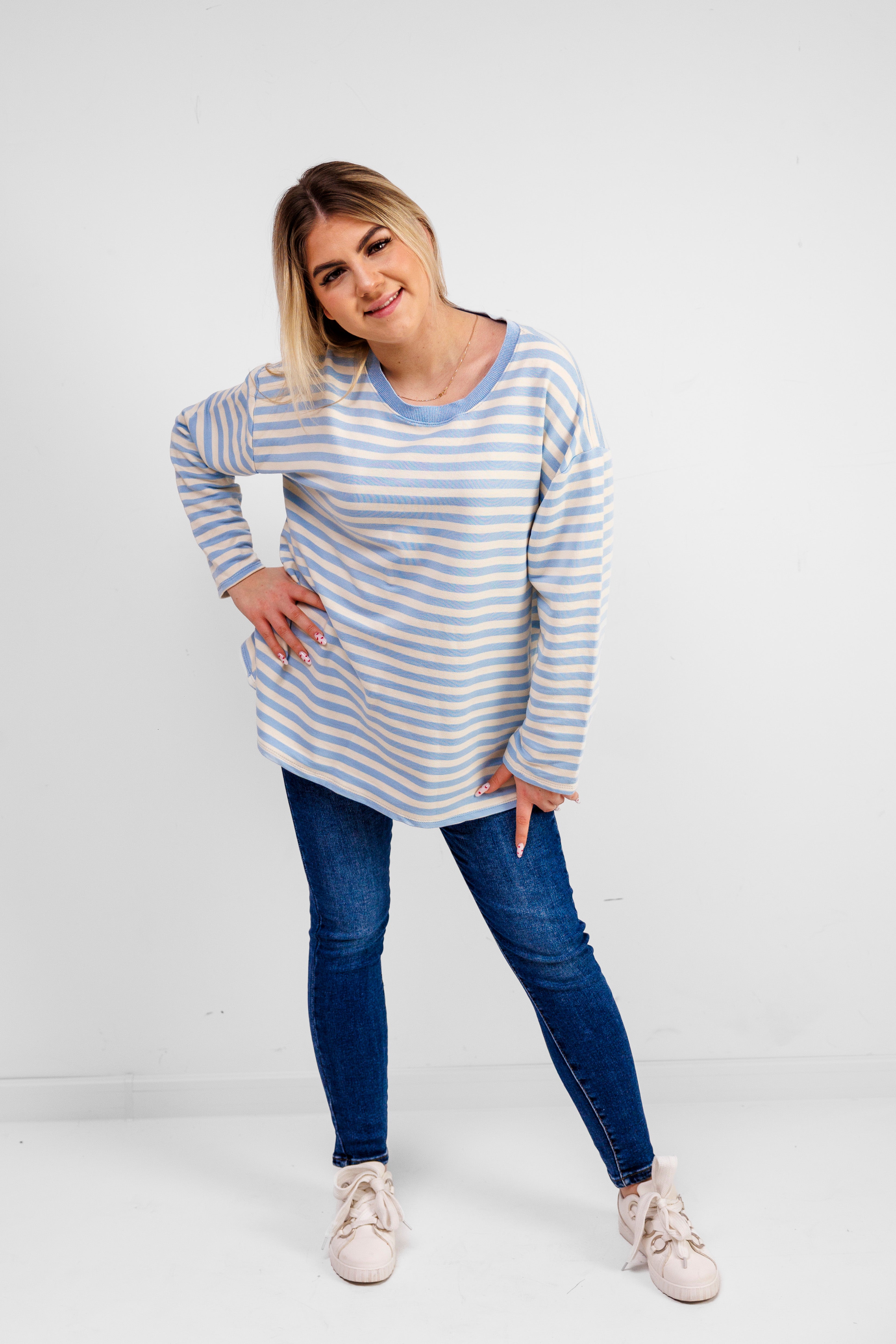 Casualowa bluza bawełniana w paski Błekit-Krem