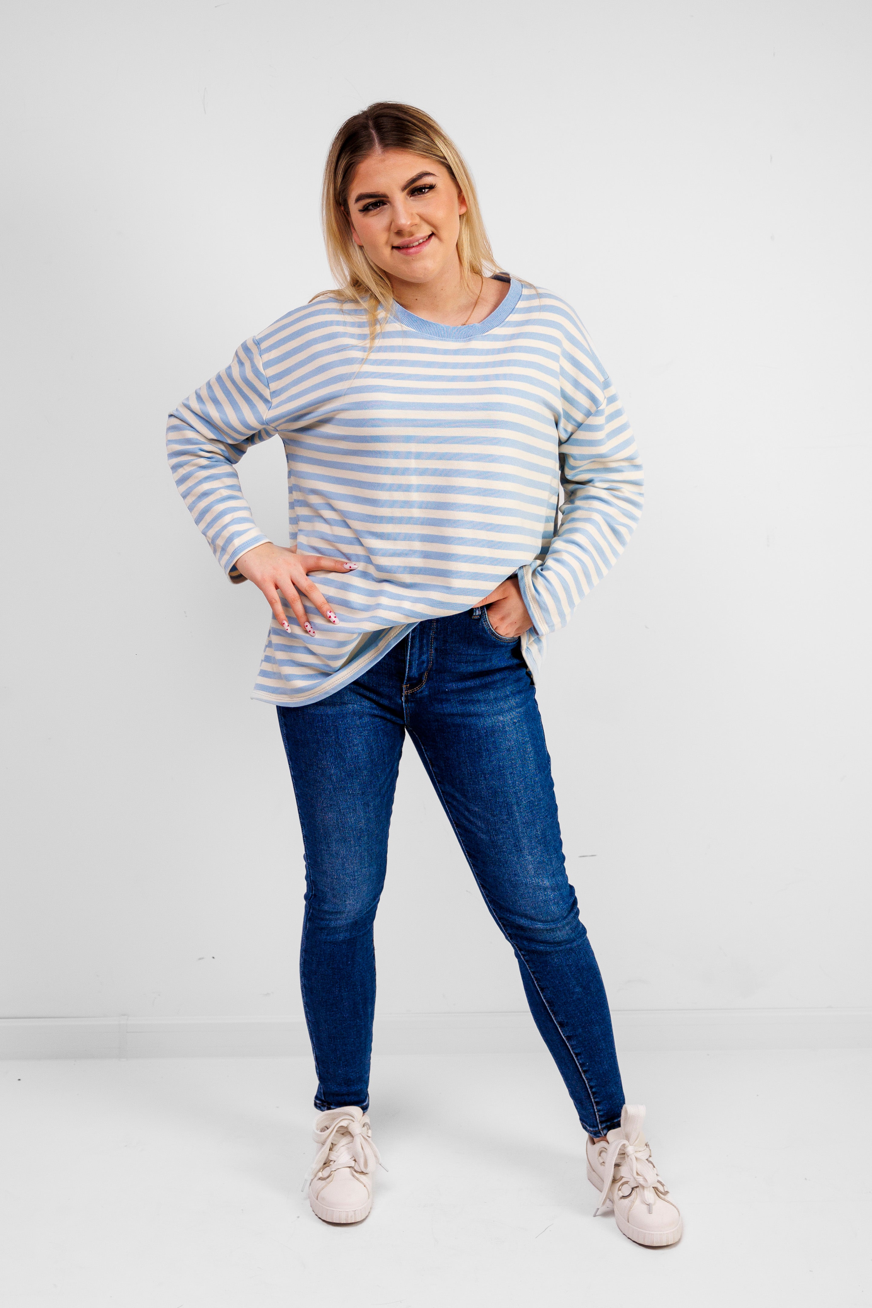 Casualowa bluza bawełniana w paski Błekit-Krem