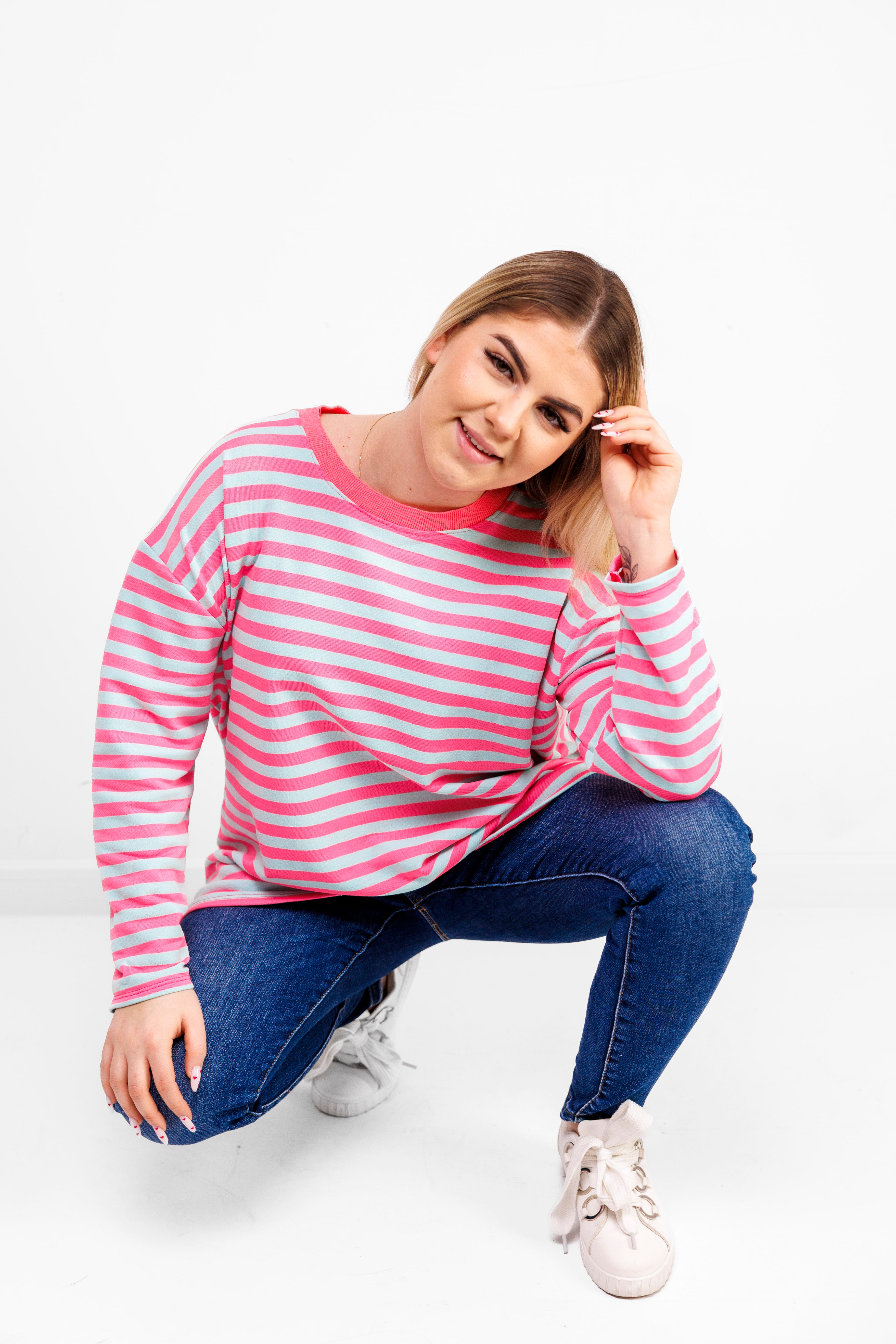 Casualowa bluza bawełniana w paski Różowo-Błękitny