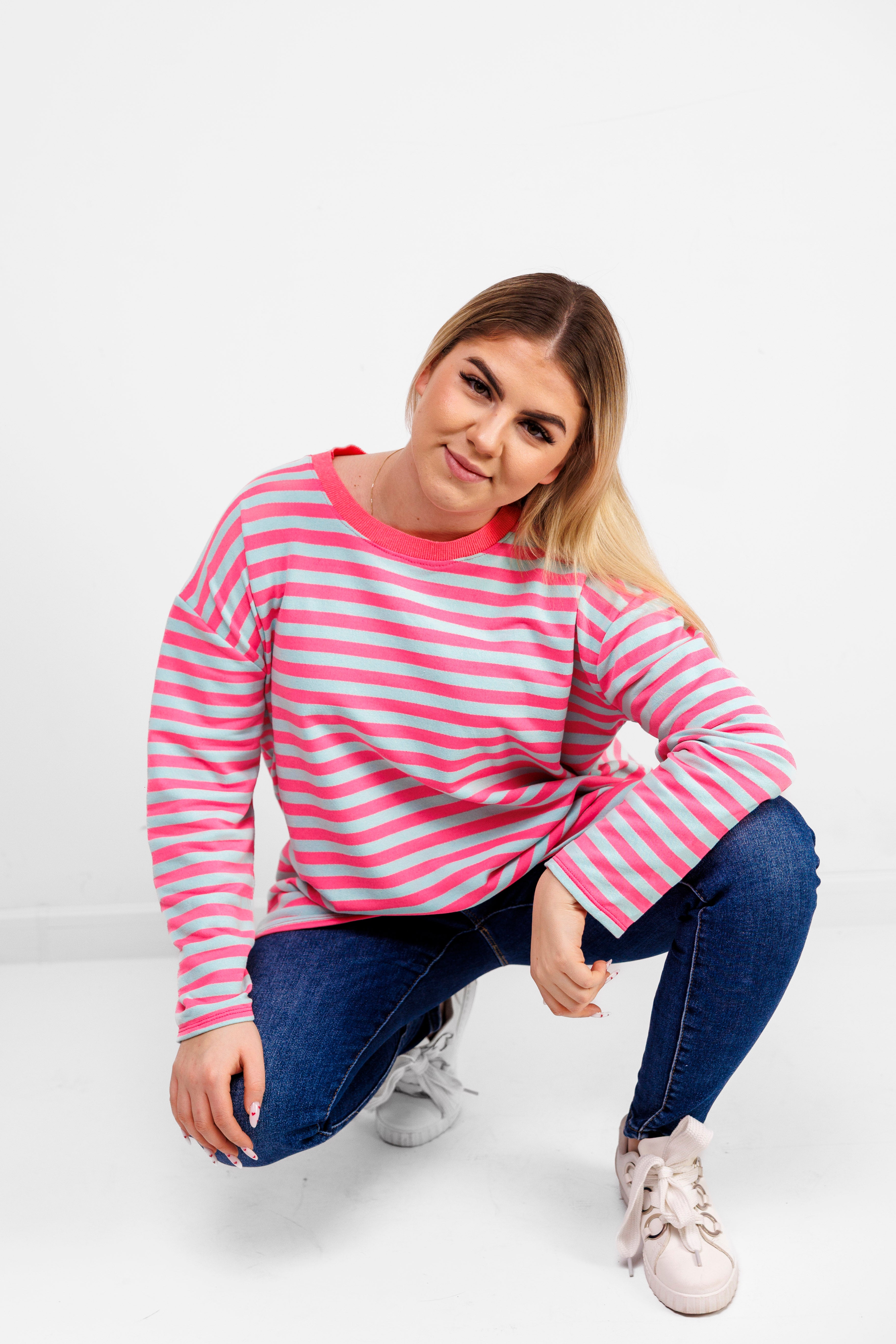 Casualowa bluza bawełniana w paski Różowo-Błękitny