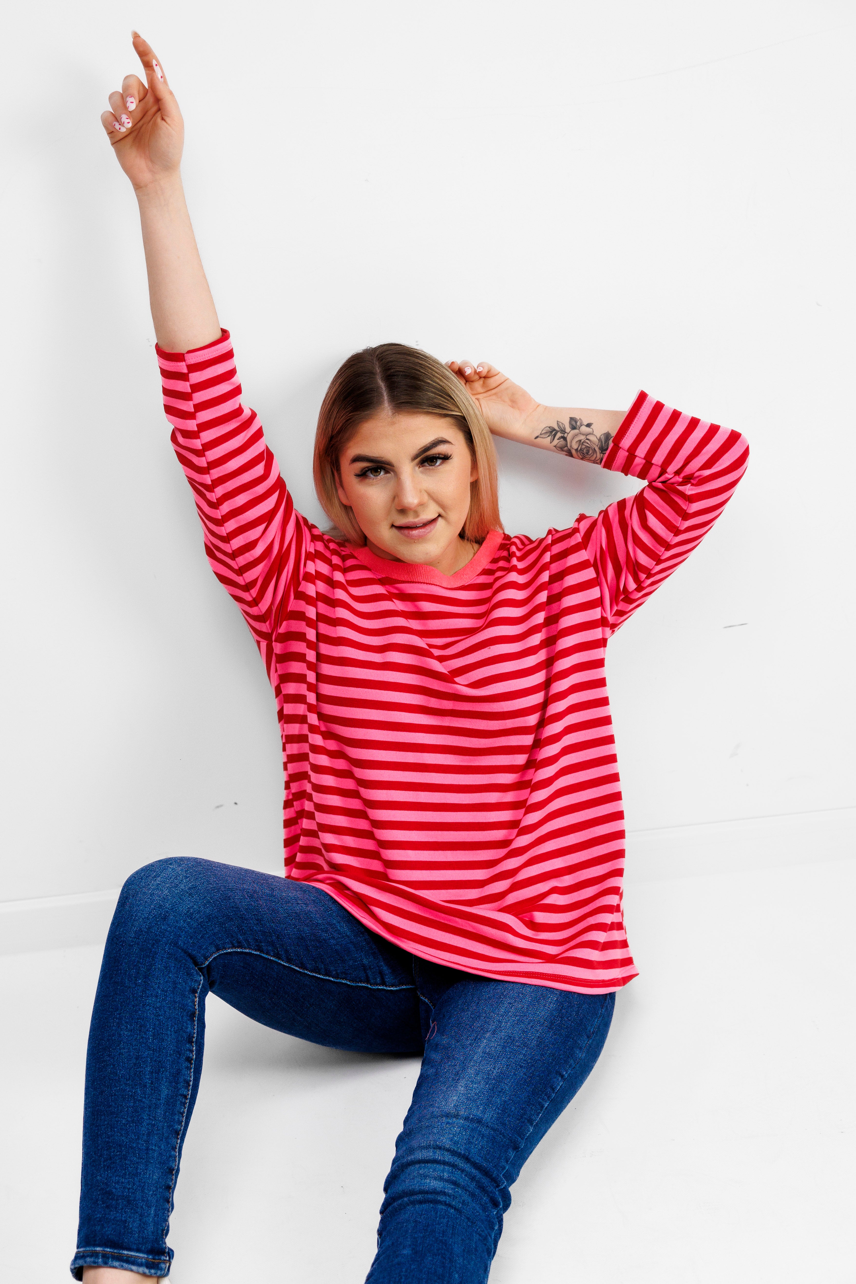 Casualowa bluza bawełniana w paski Różowo-Różowy