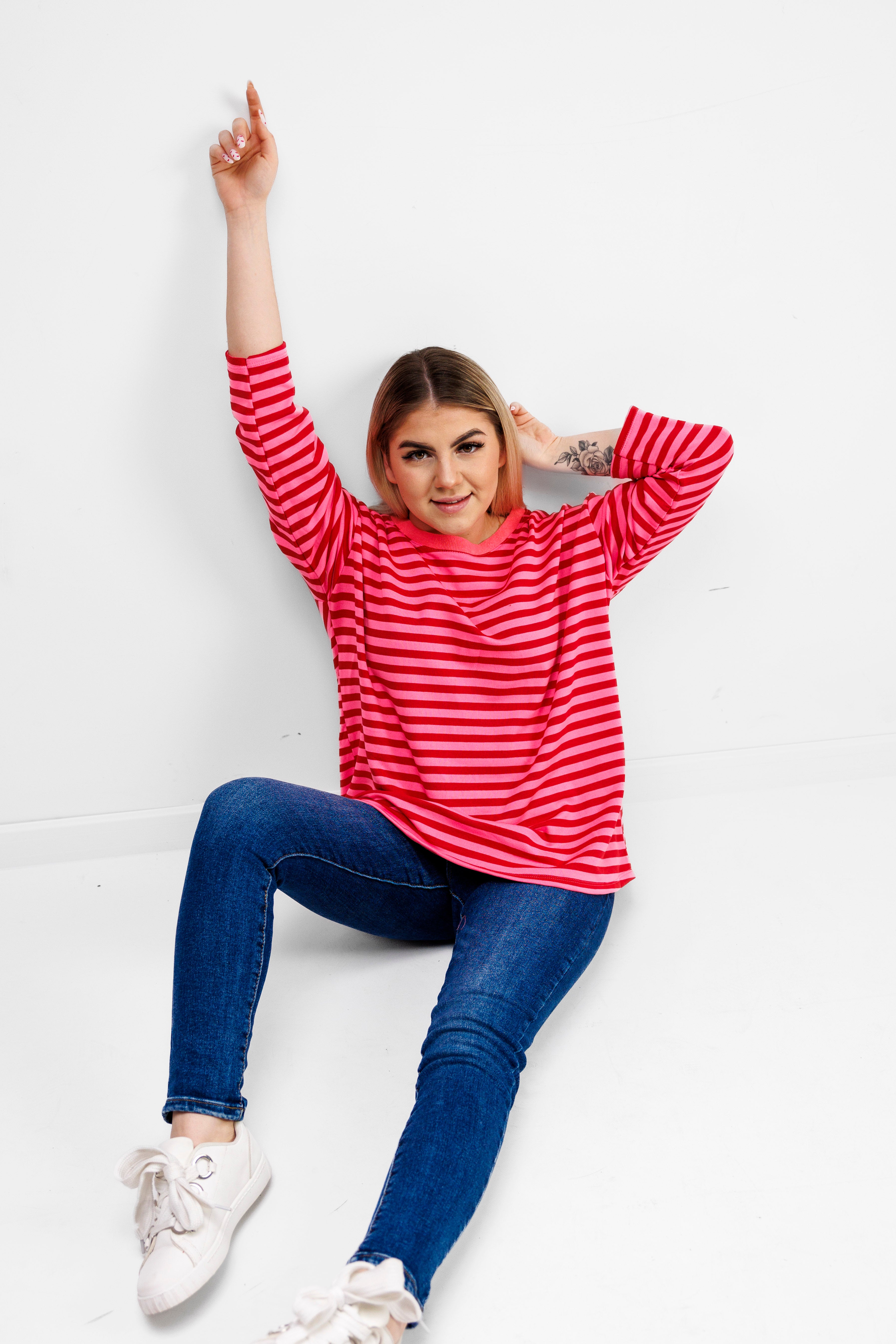 Casualowa bluza bawełniana w paski Różowo-Różowy