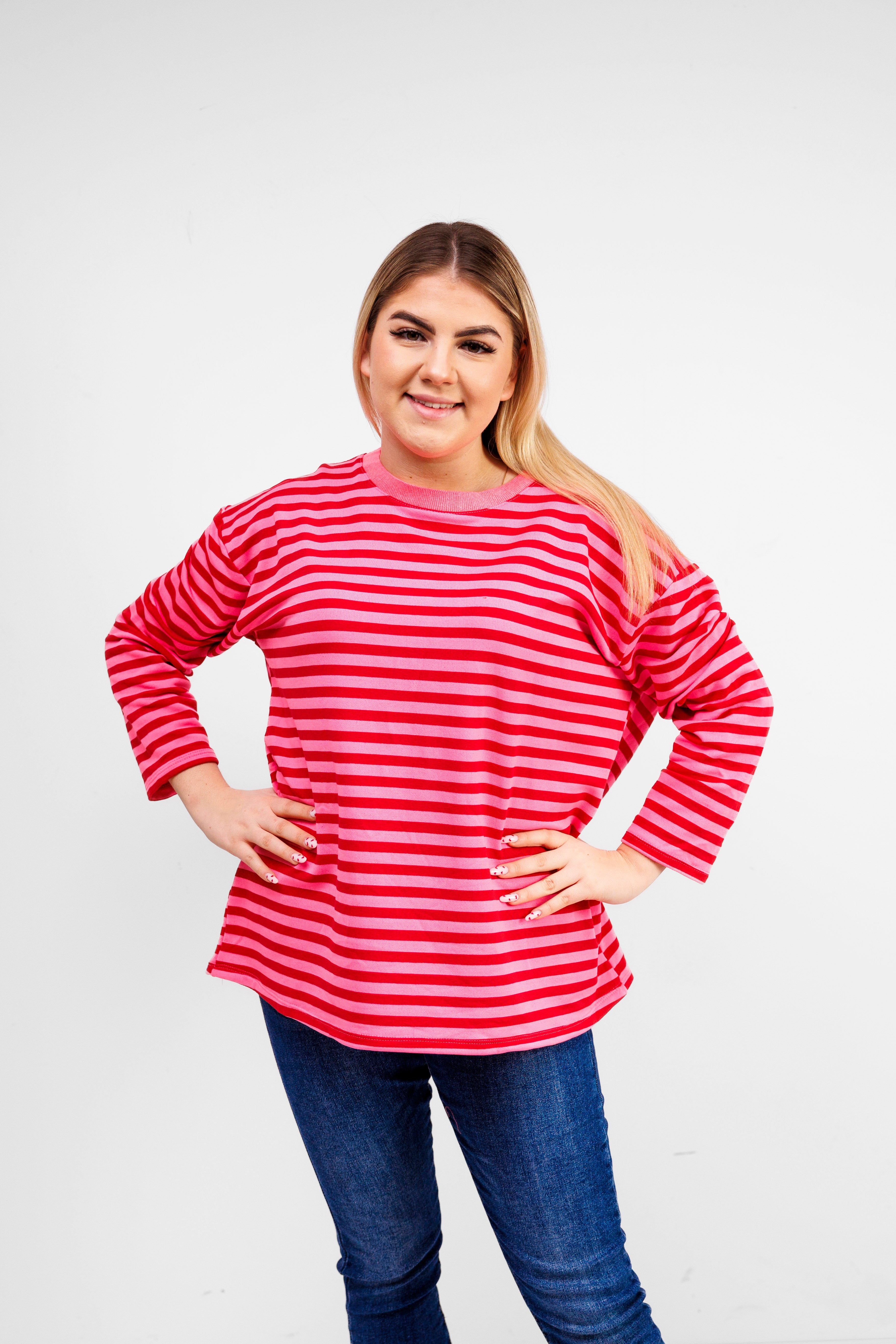 Casualowa bluza bawełniana w paski Różowo-Różowy