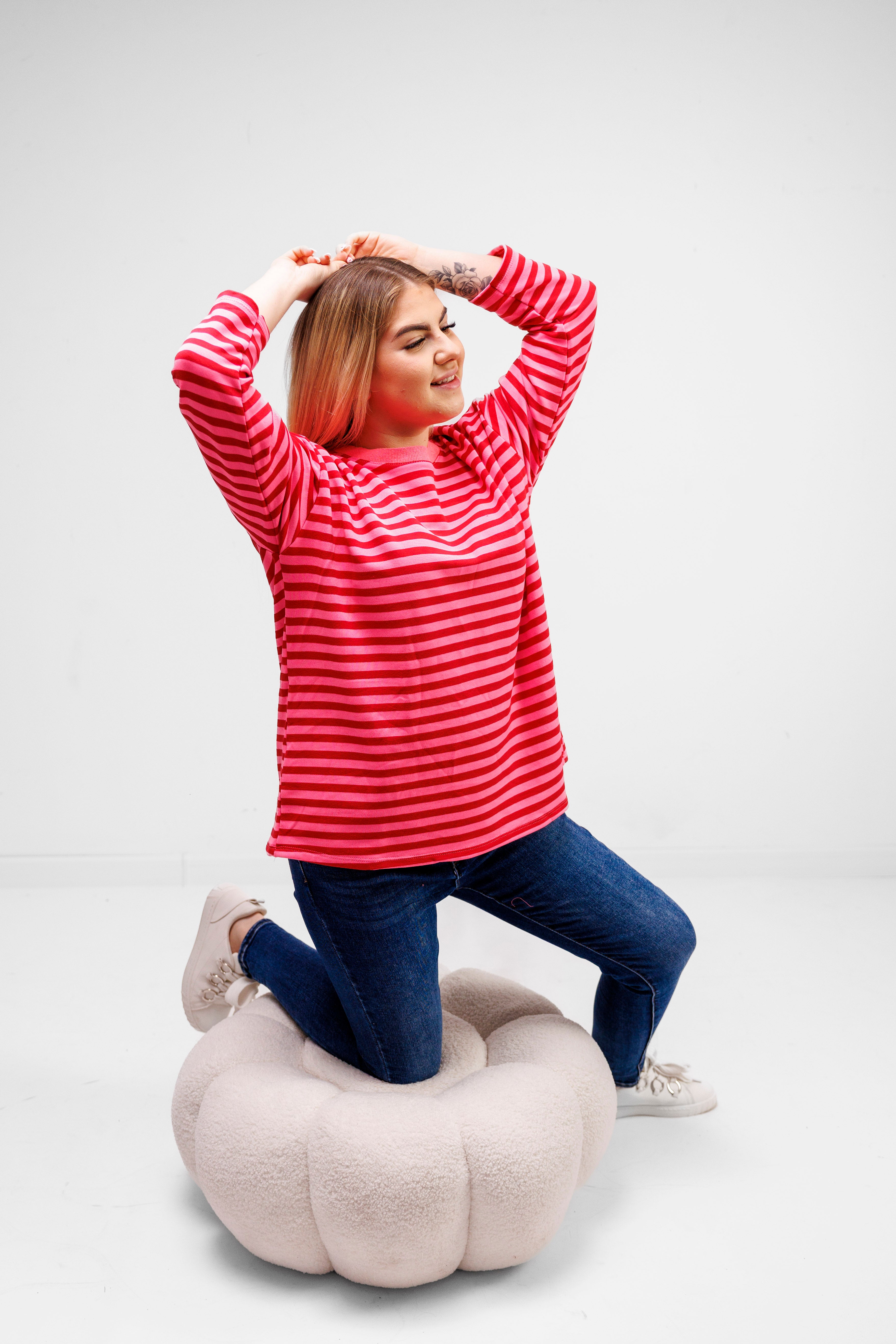 Casualowa bluza bawełniana w paski Różowo-Różowy