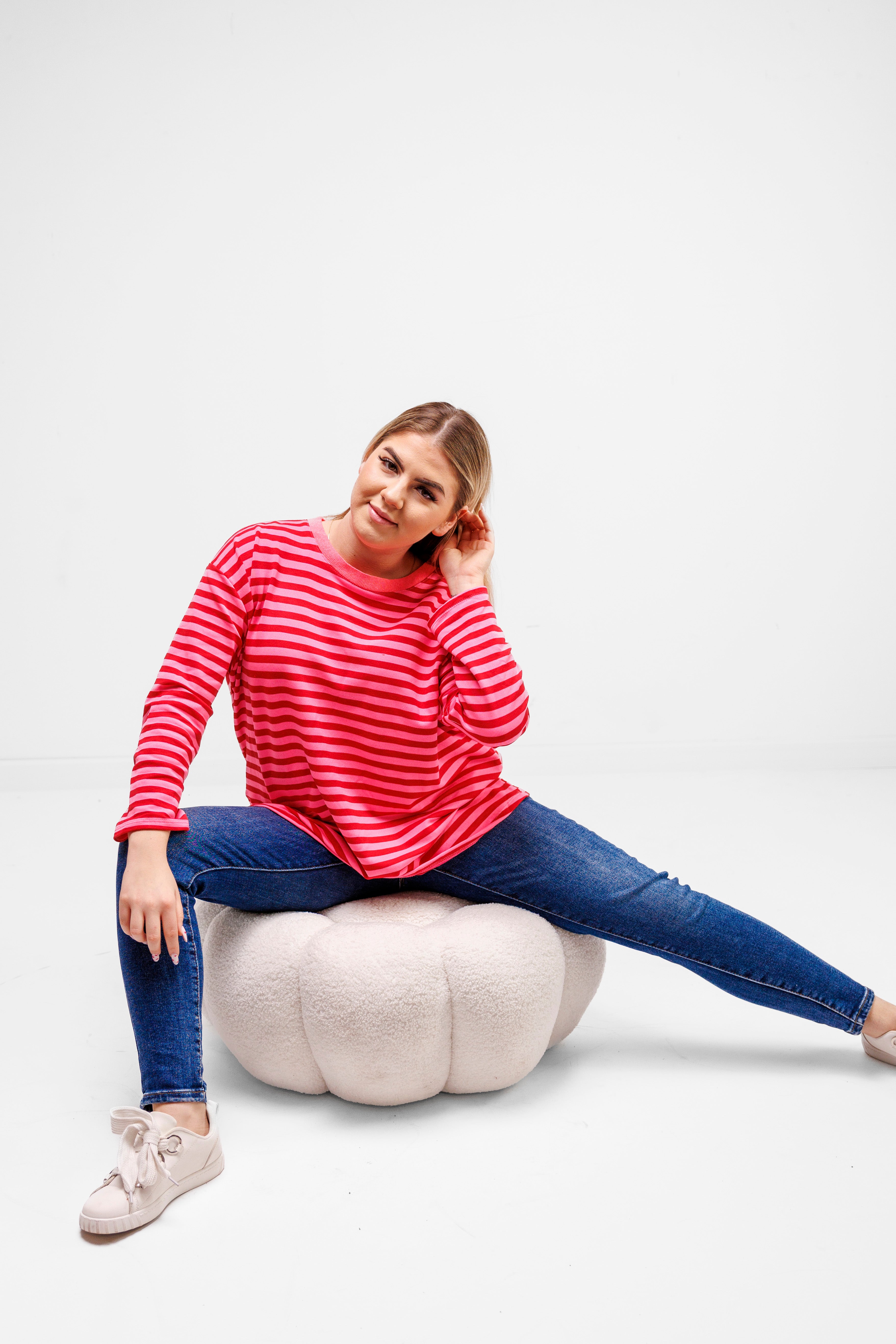 Casualowa bluza bawełniana w paski Różowo-Różowy