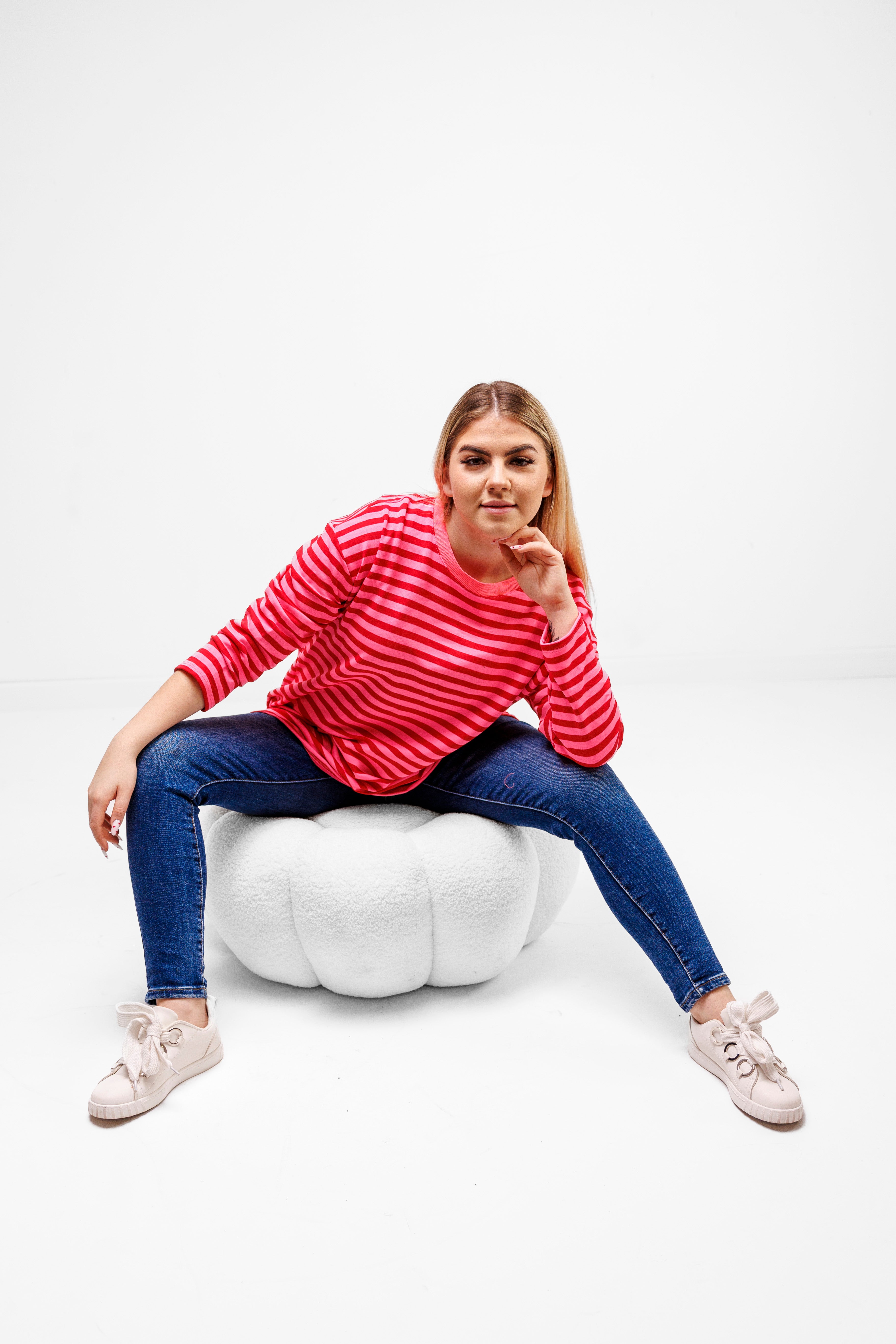 Casualowa bluza bawełniana w paski Różowo-Różowy