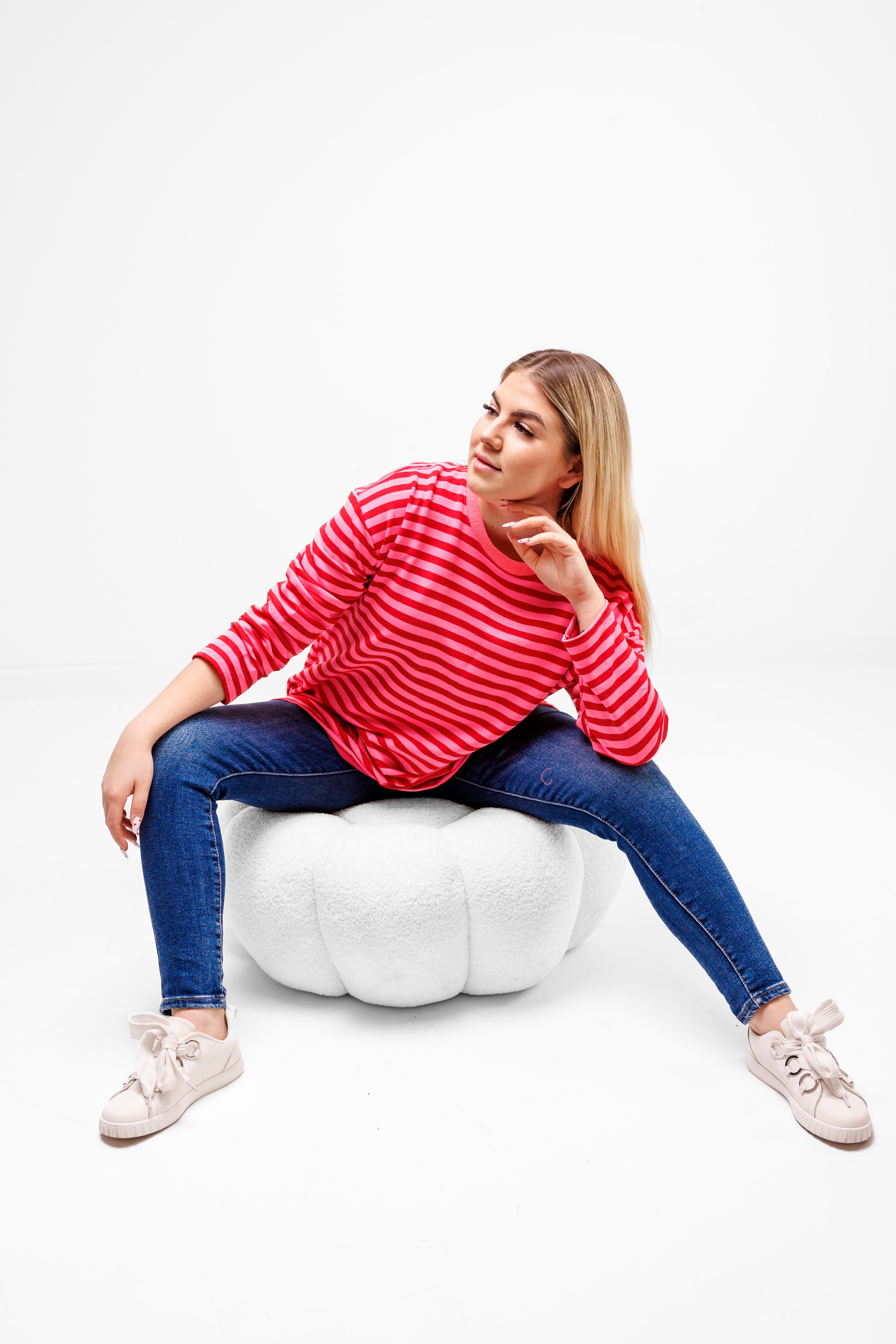 Casualowa bluza bawełniana w paski Różowo-Różowy