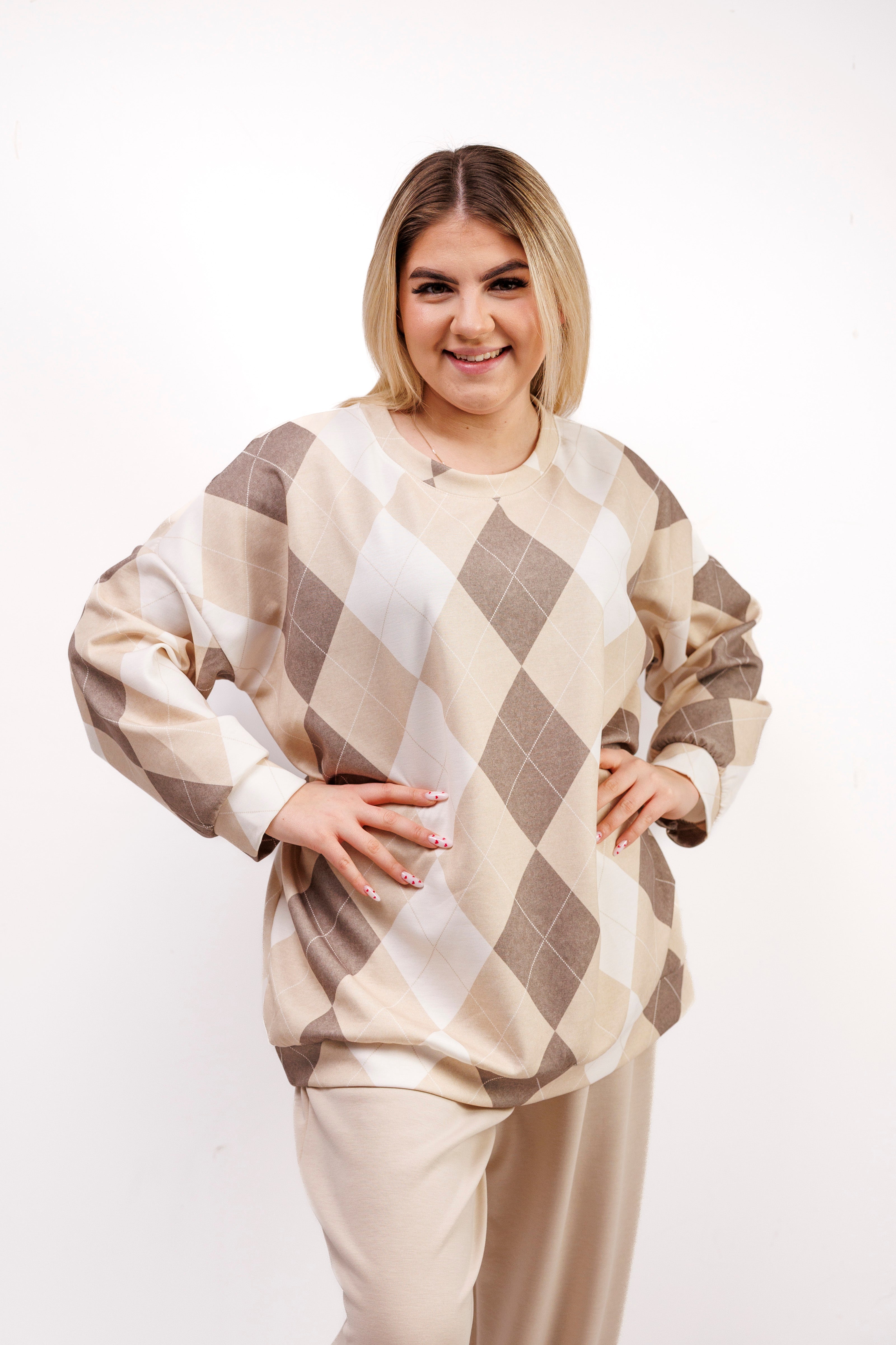 Komplet dresowy z miękkiej wiskozy w romby Beż