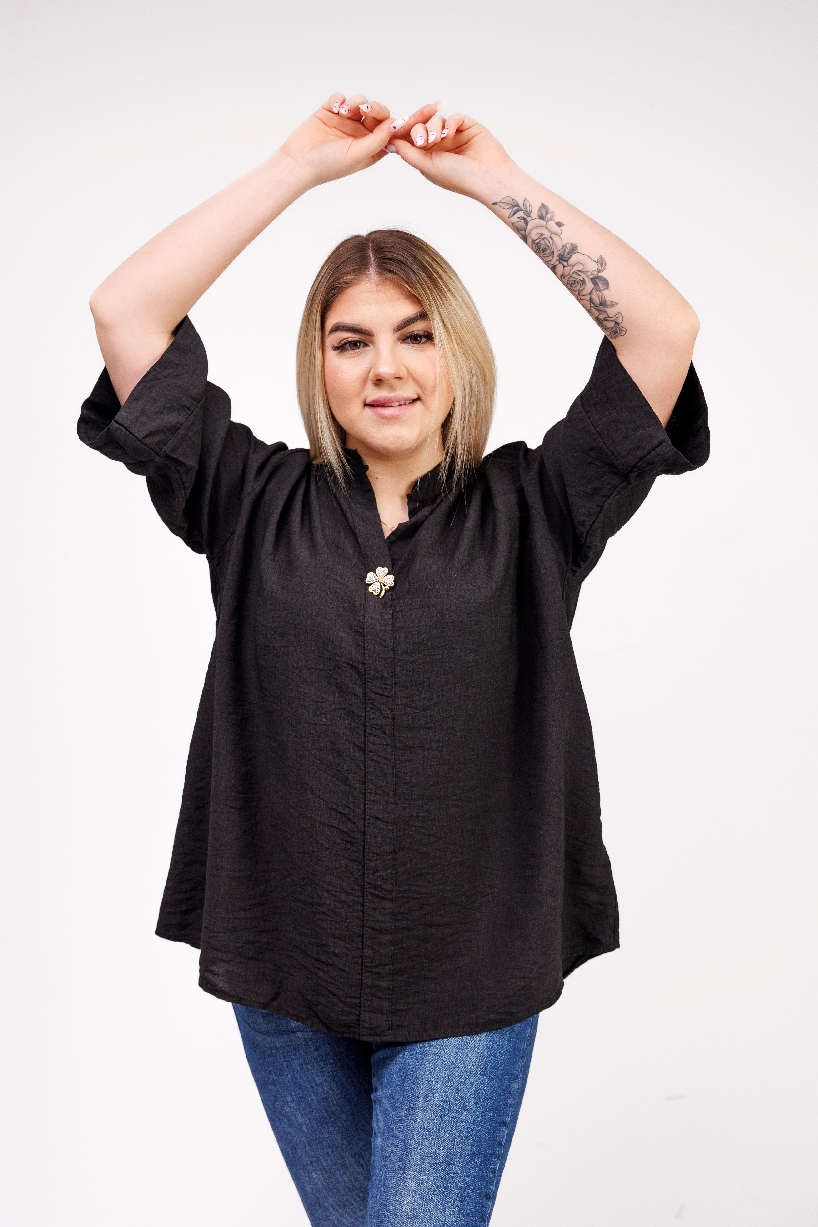 Wiskozowa bluzka z luźnym rękawem i dekoltem V Czarny