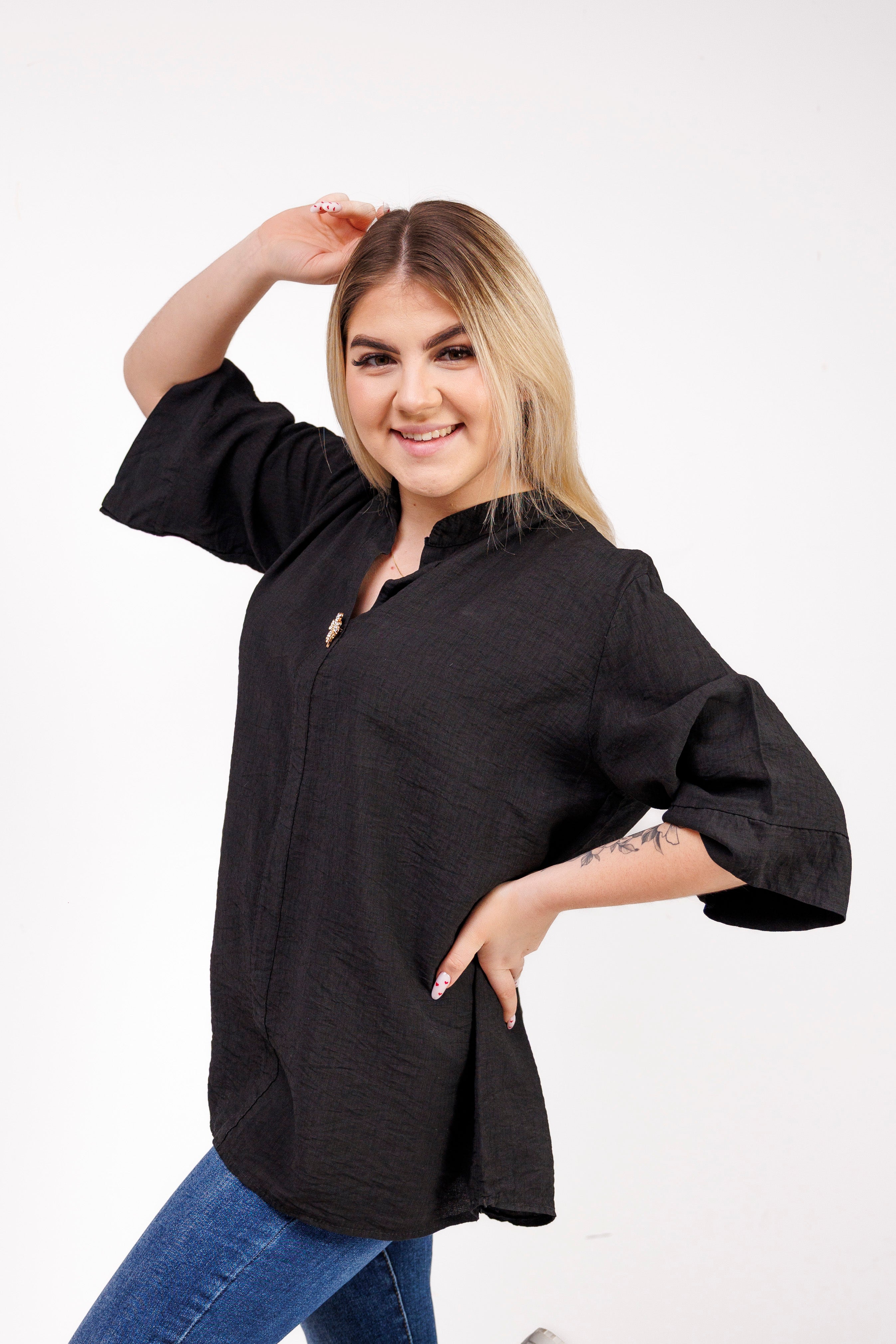 Wiskozowa bluzka z luźnym rękawem i dekoltem V Czarny