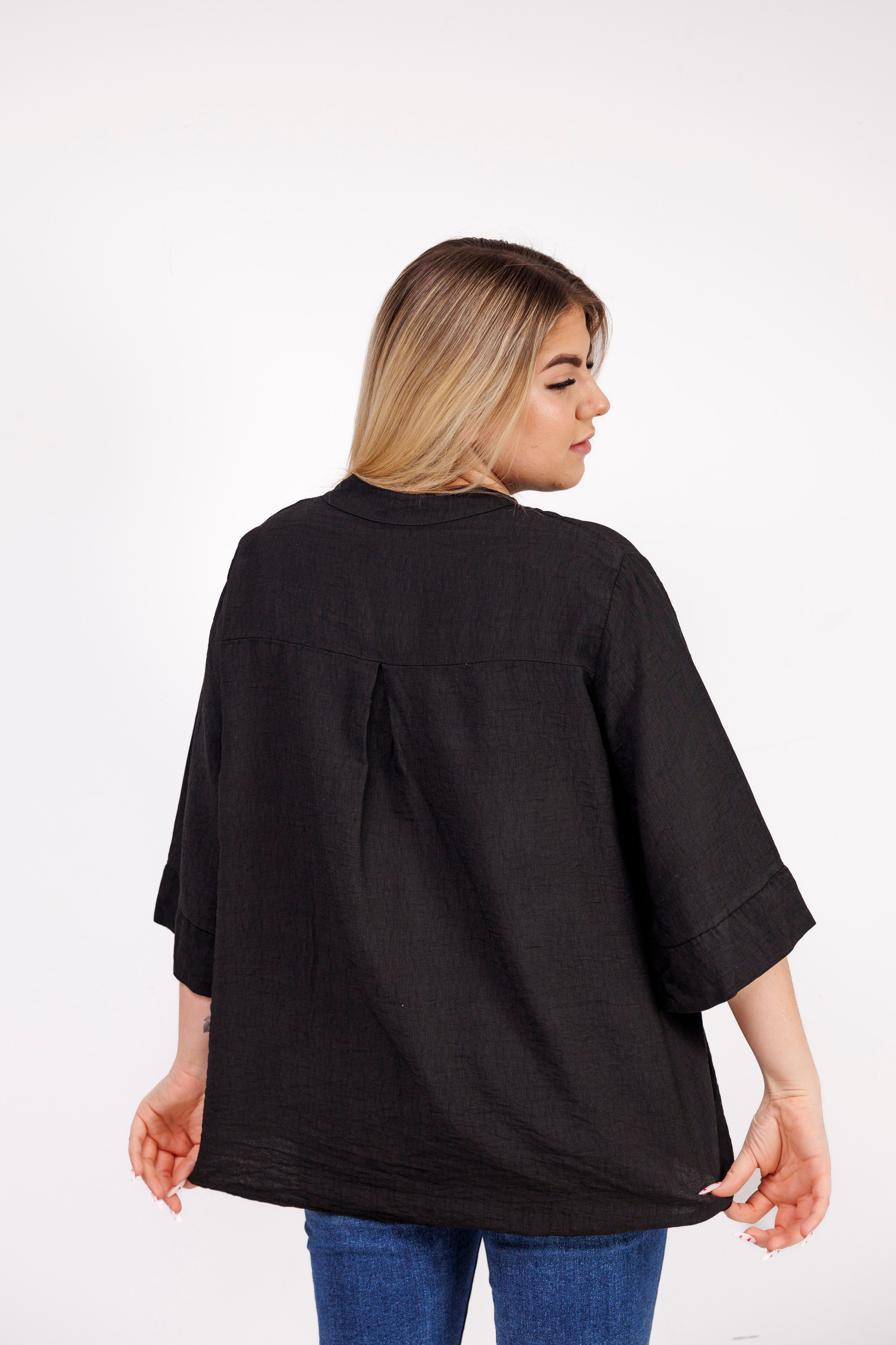 Wiskozowa bluzka z luźnym rękawem i dekoltem V Czarny