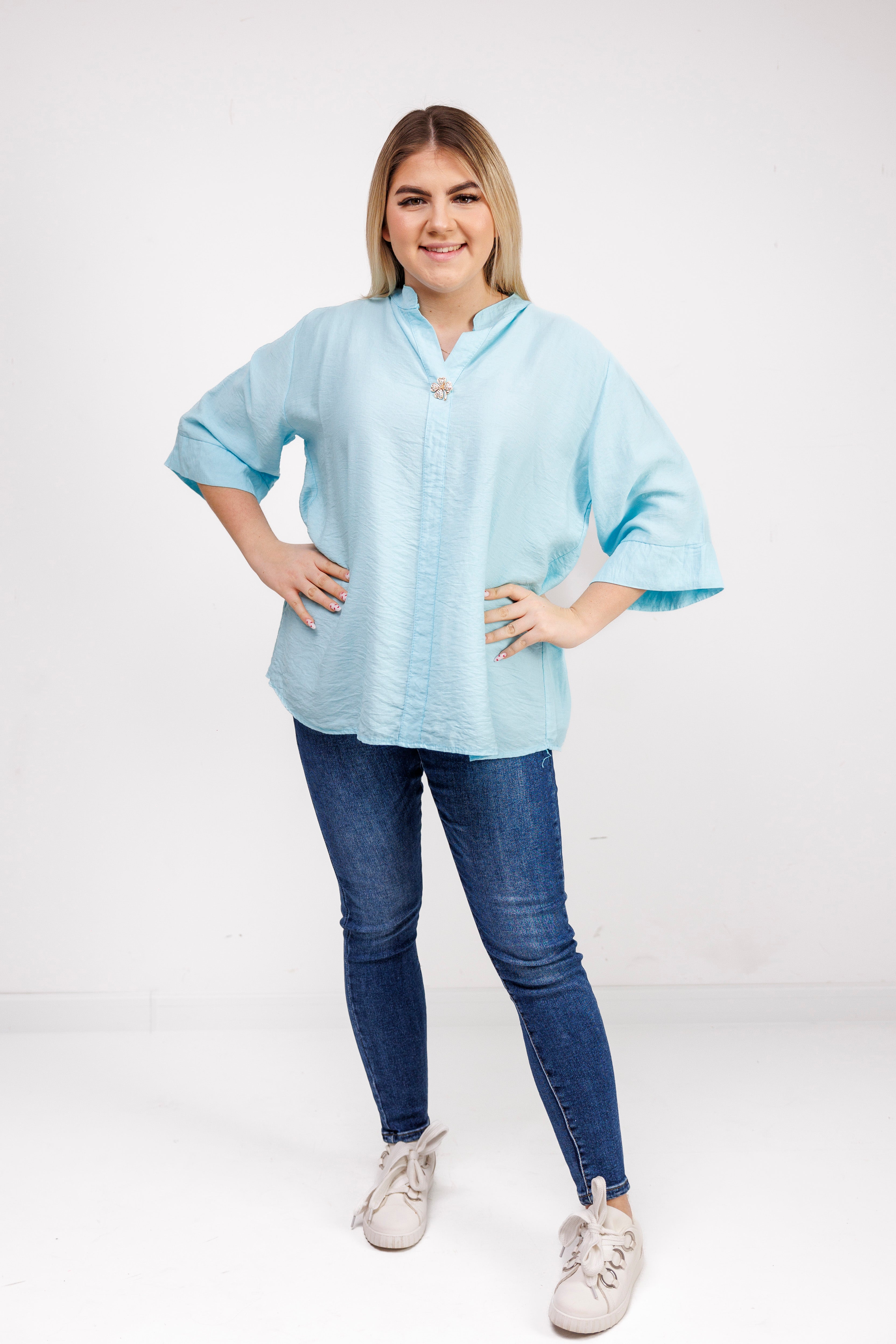 Wiskozowa bluzka z luźnym rękawem i dekoltem V Mięta