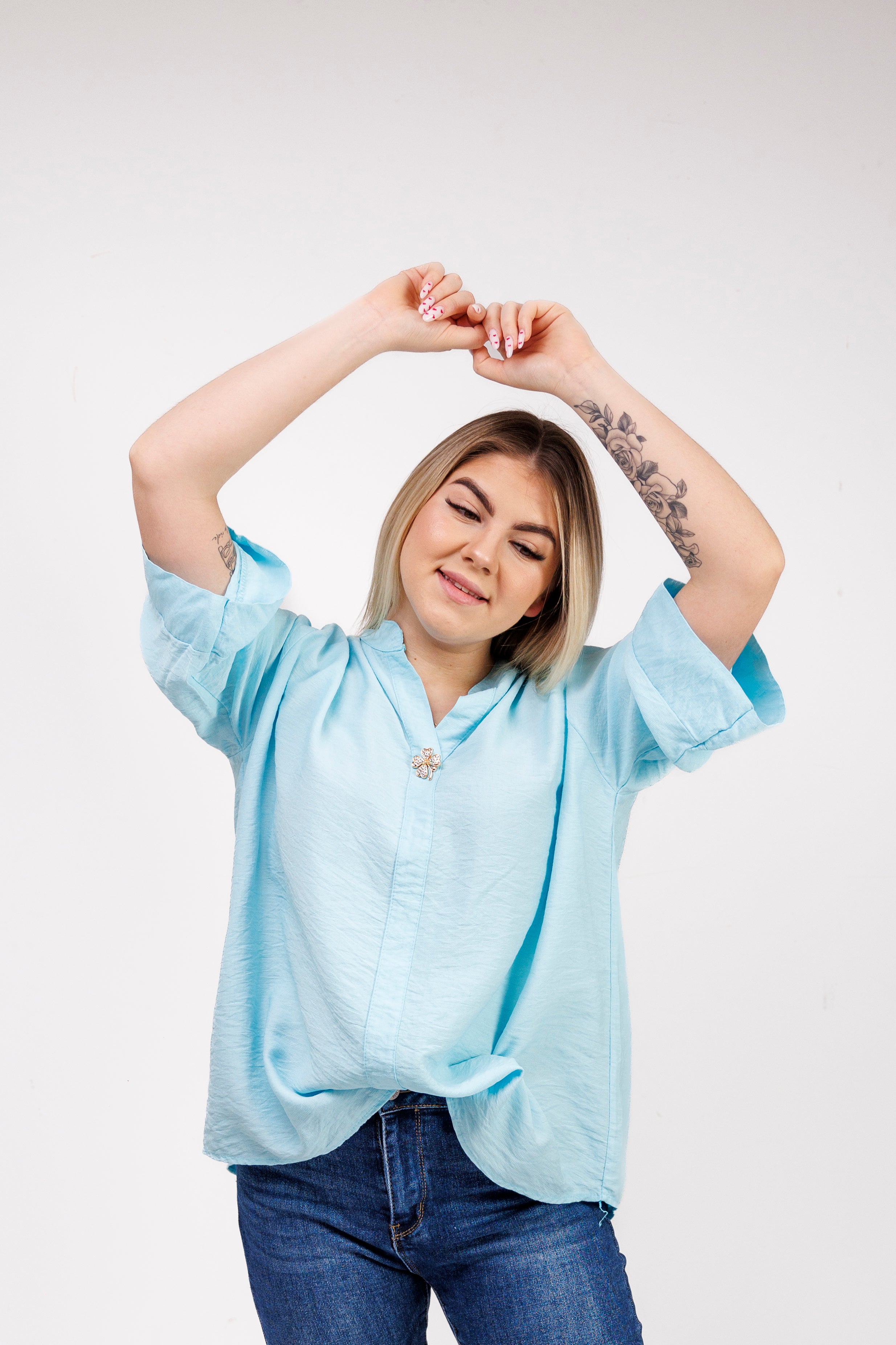 Wiskozowa bluzka z luźnym rękawem i dekoltem V Mięta