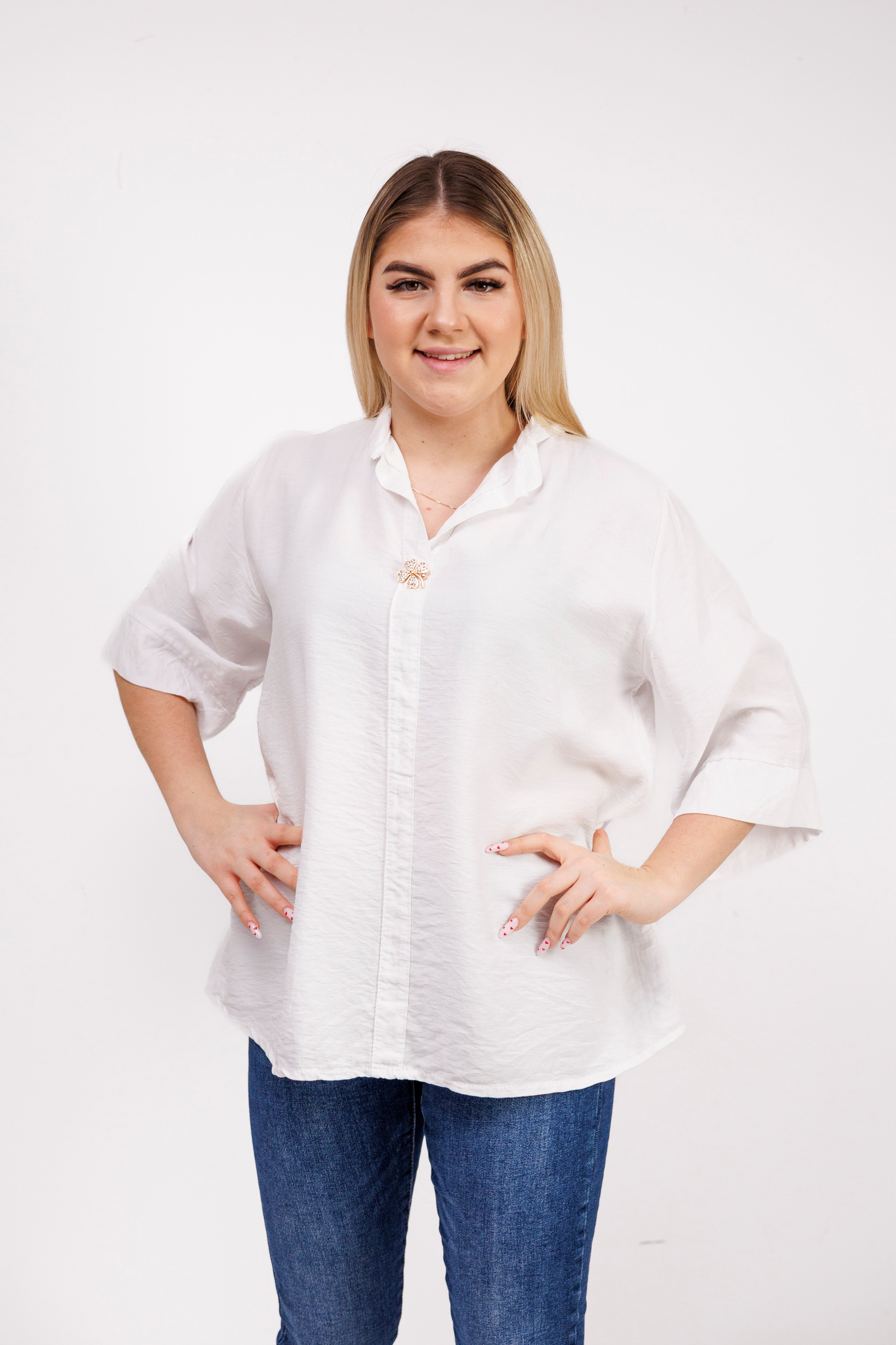 Wiskozowa bluzka z luźnym rękawem i dekoltem V Biały