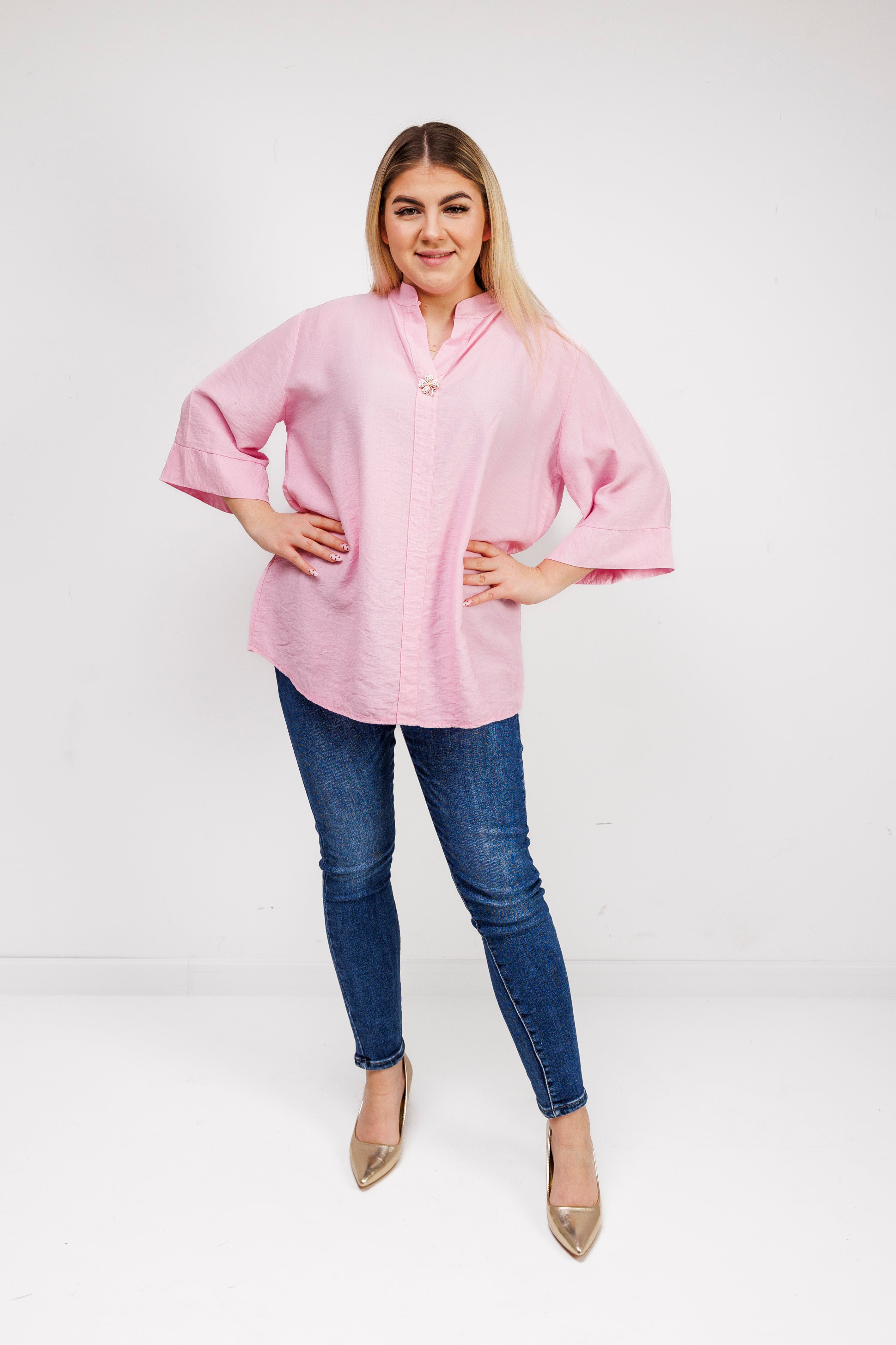 Wiskozowa bluzka z luźnym rękawem i dekoltem V Różowy