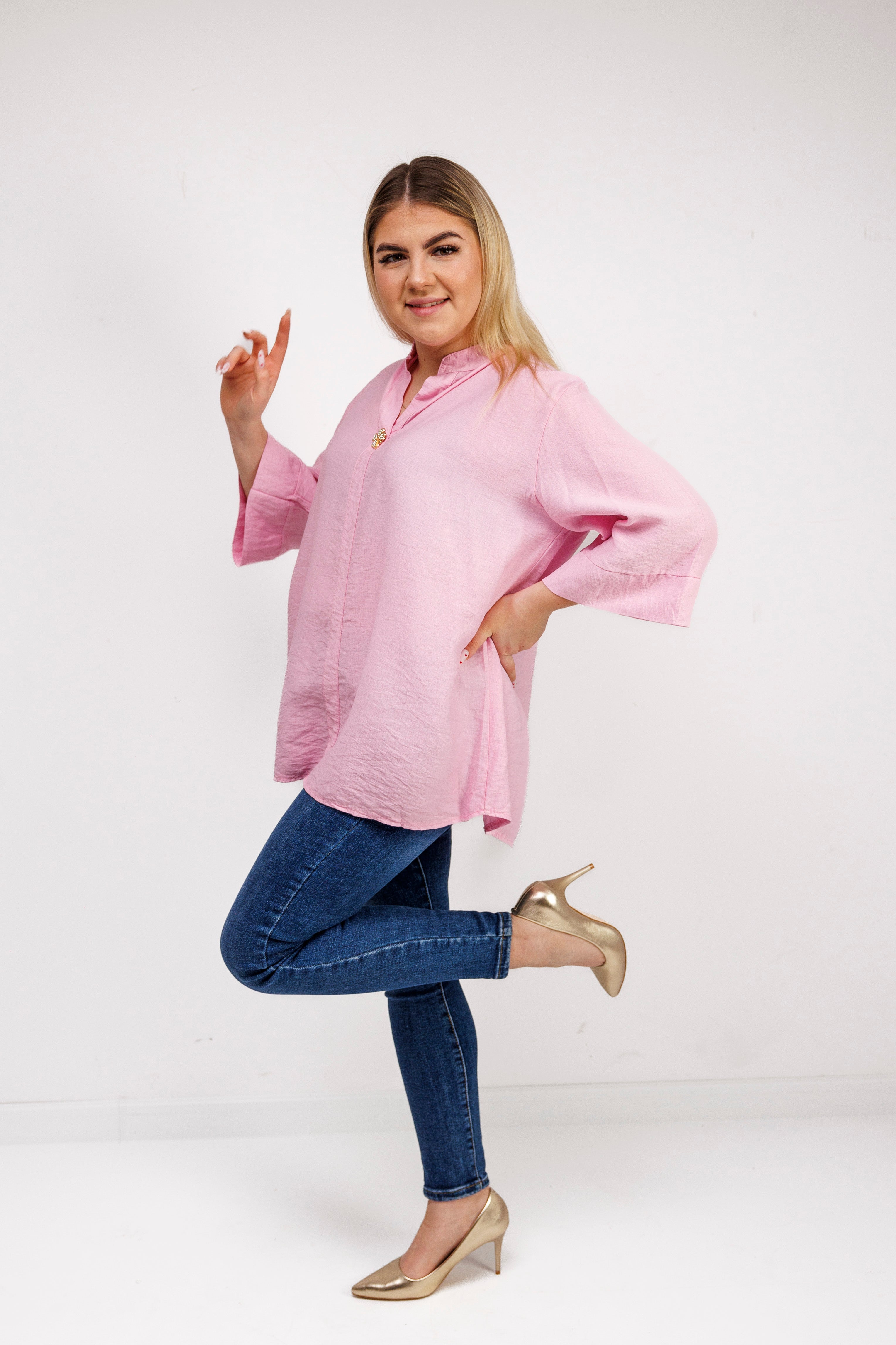 Wiskozowa bluzka z luźnym rękawem i dekoltem V Różowy