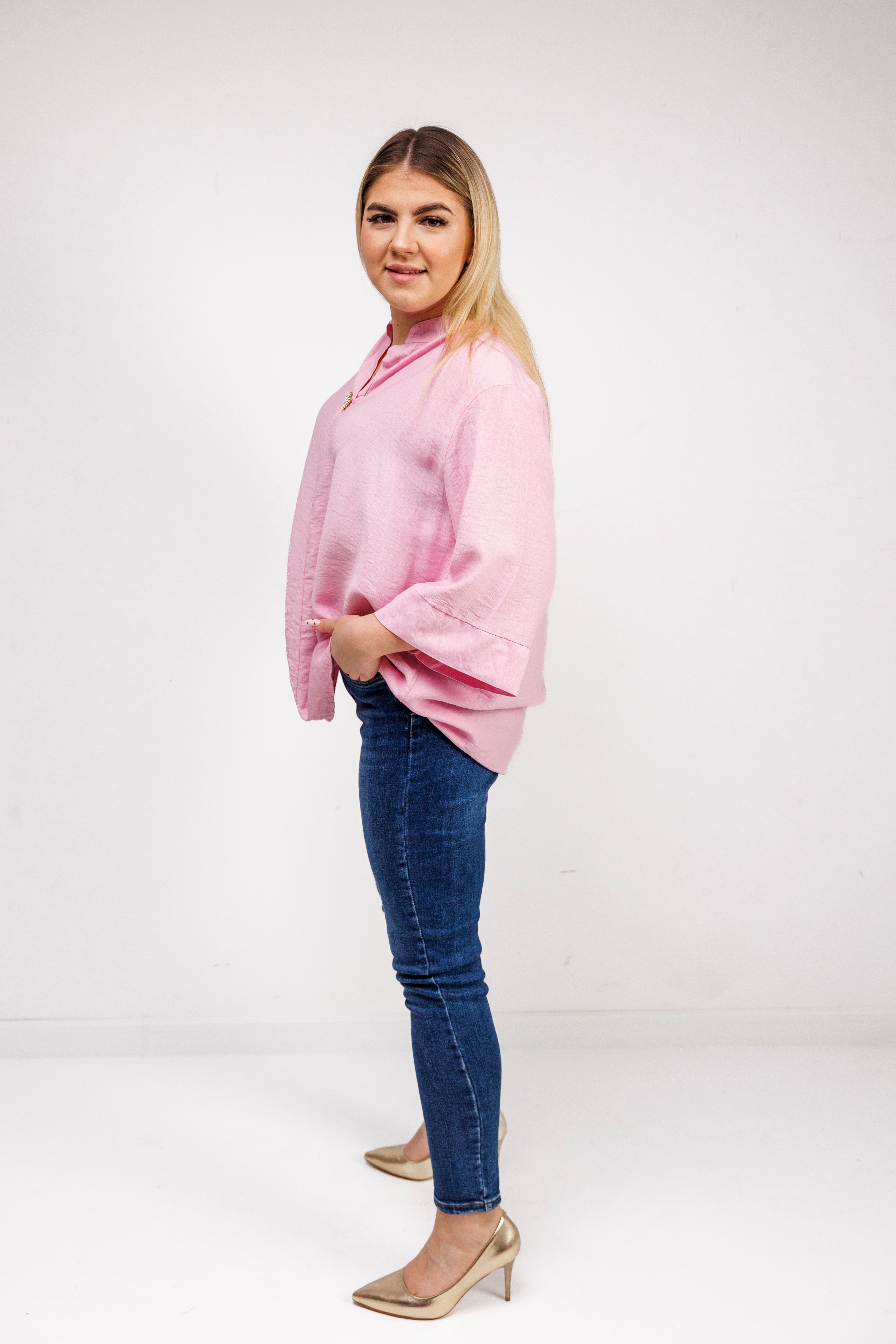 Wiskozowa bluzka z luźnym rękawem i dekoltem V Różowy