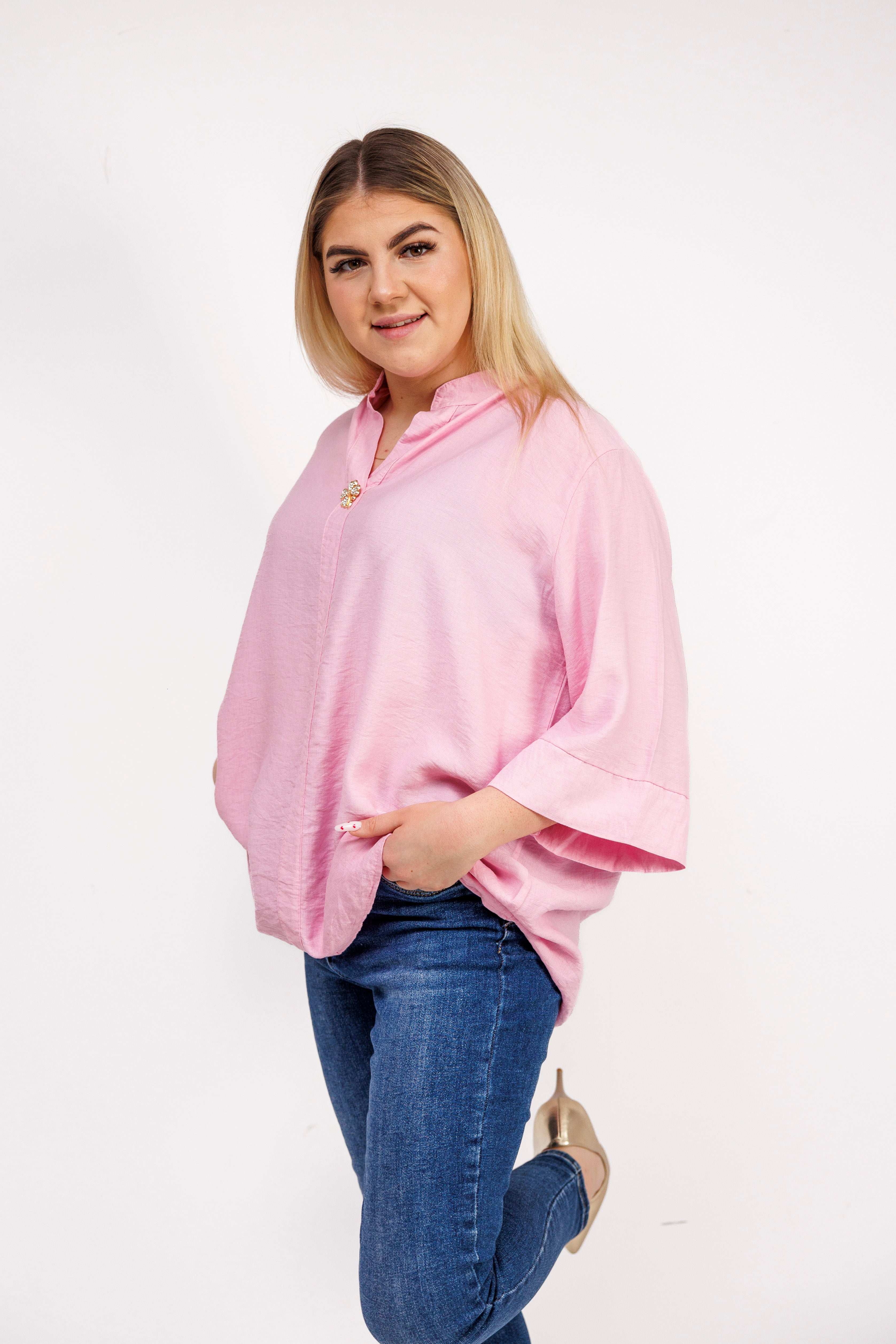 Wiskozowa bluzka z luźnym rękawem i dekoltem V Różowy