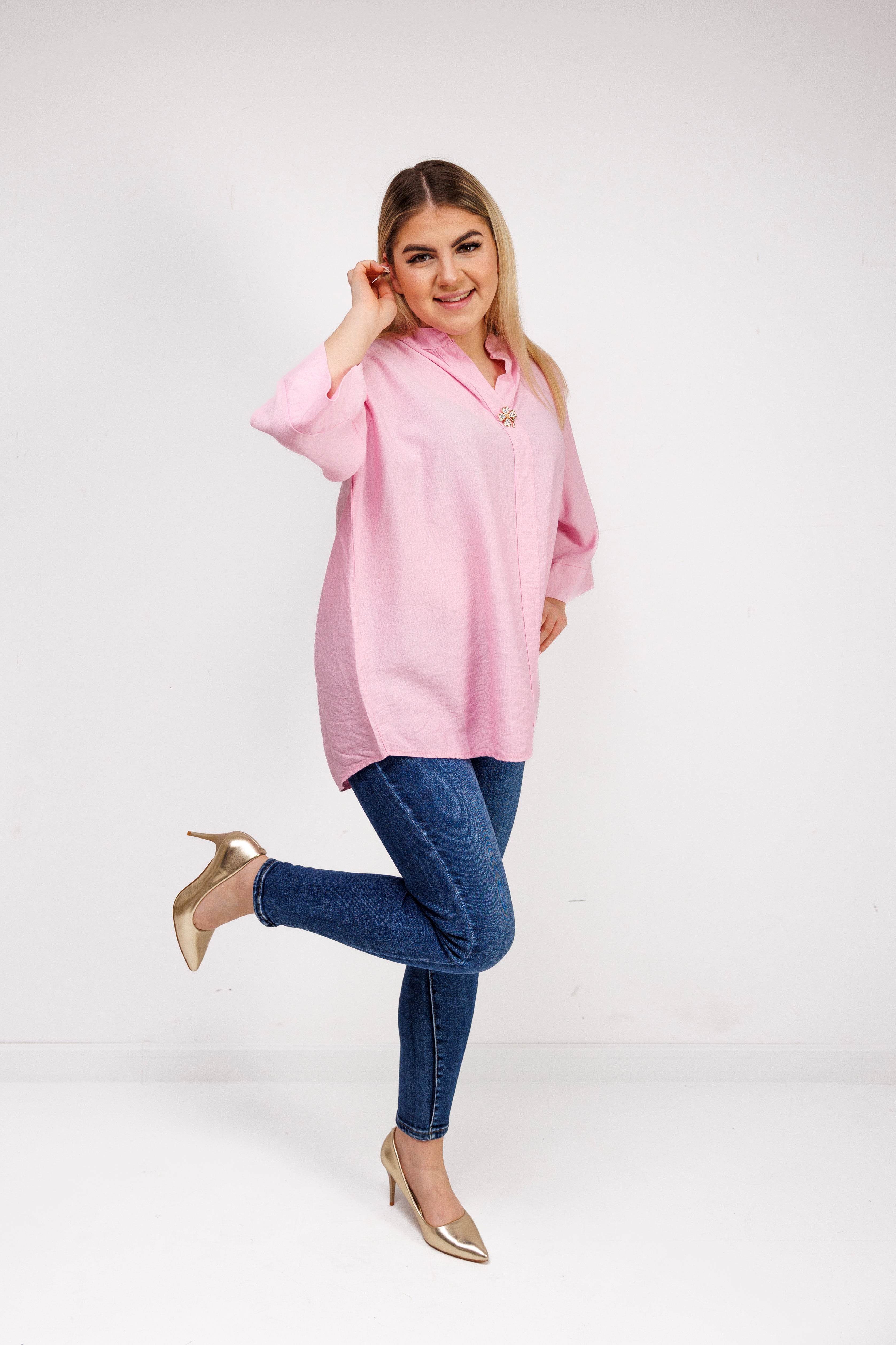 Wiskozowa bluzka z luźnym rękawem i dekoltem V Różowy