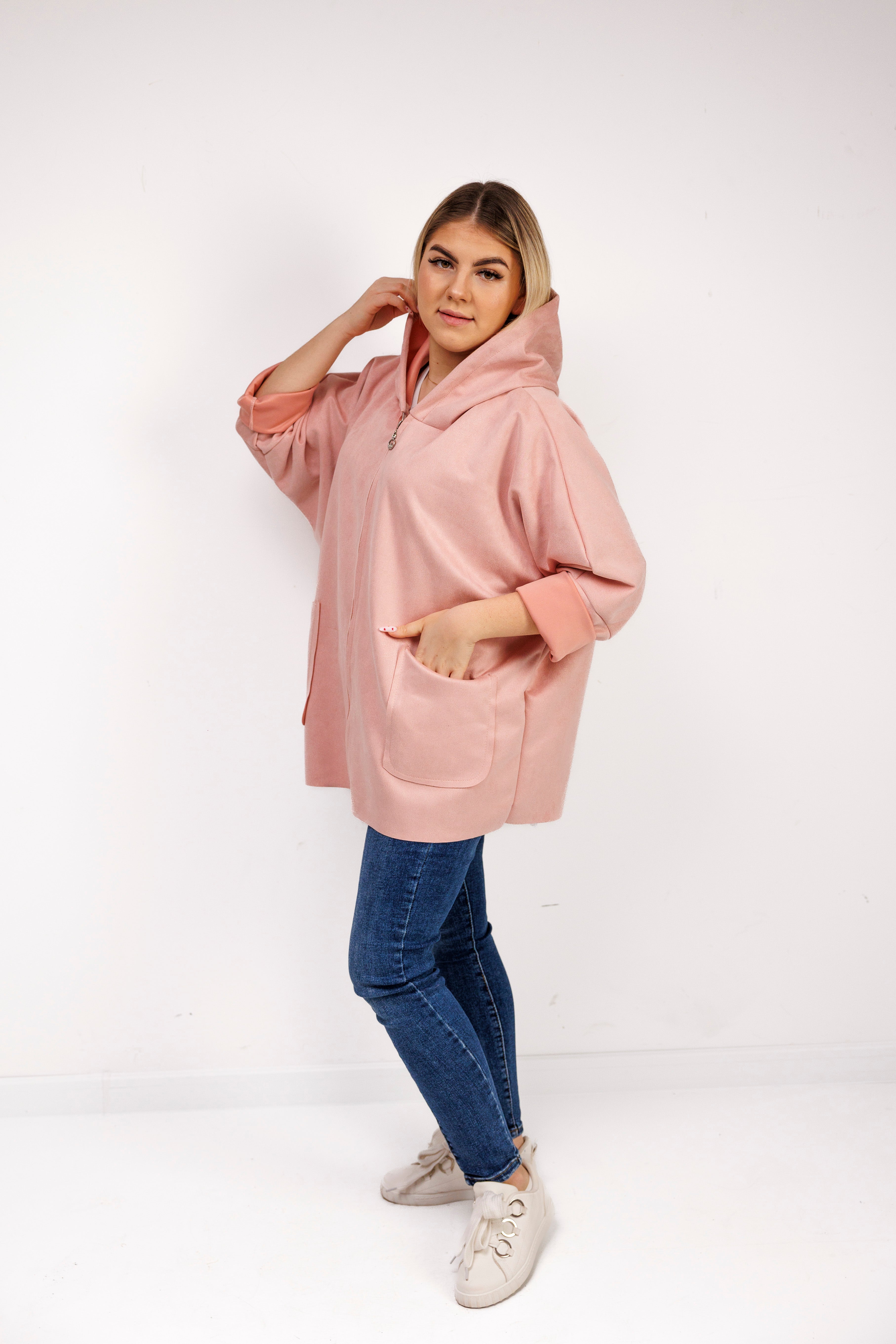 Katanka oversize z kapturem Pudrowy Róż
