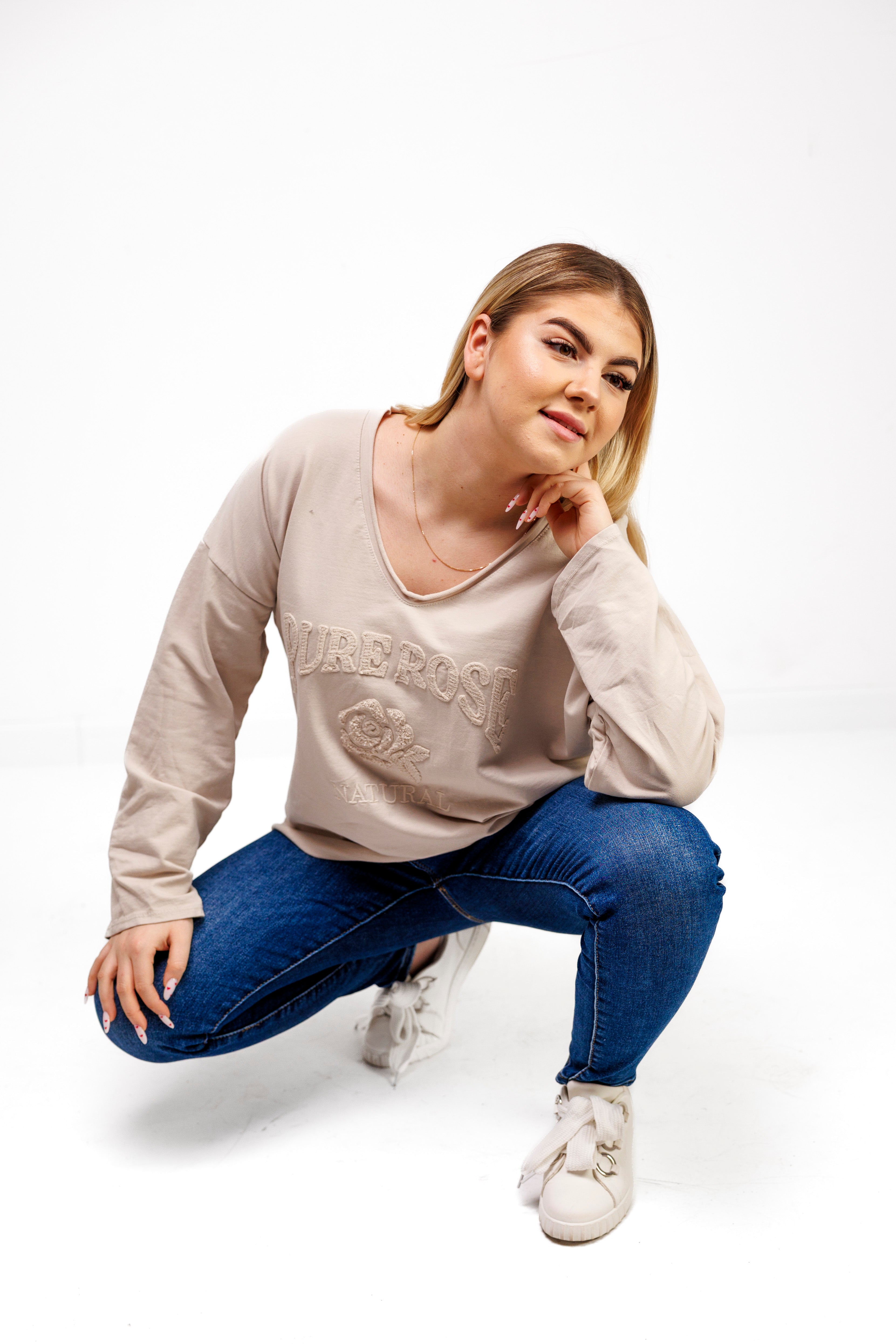 Bluzka z 100% bawełny z ozdobnym haftem Beż