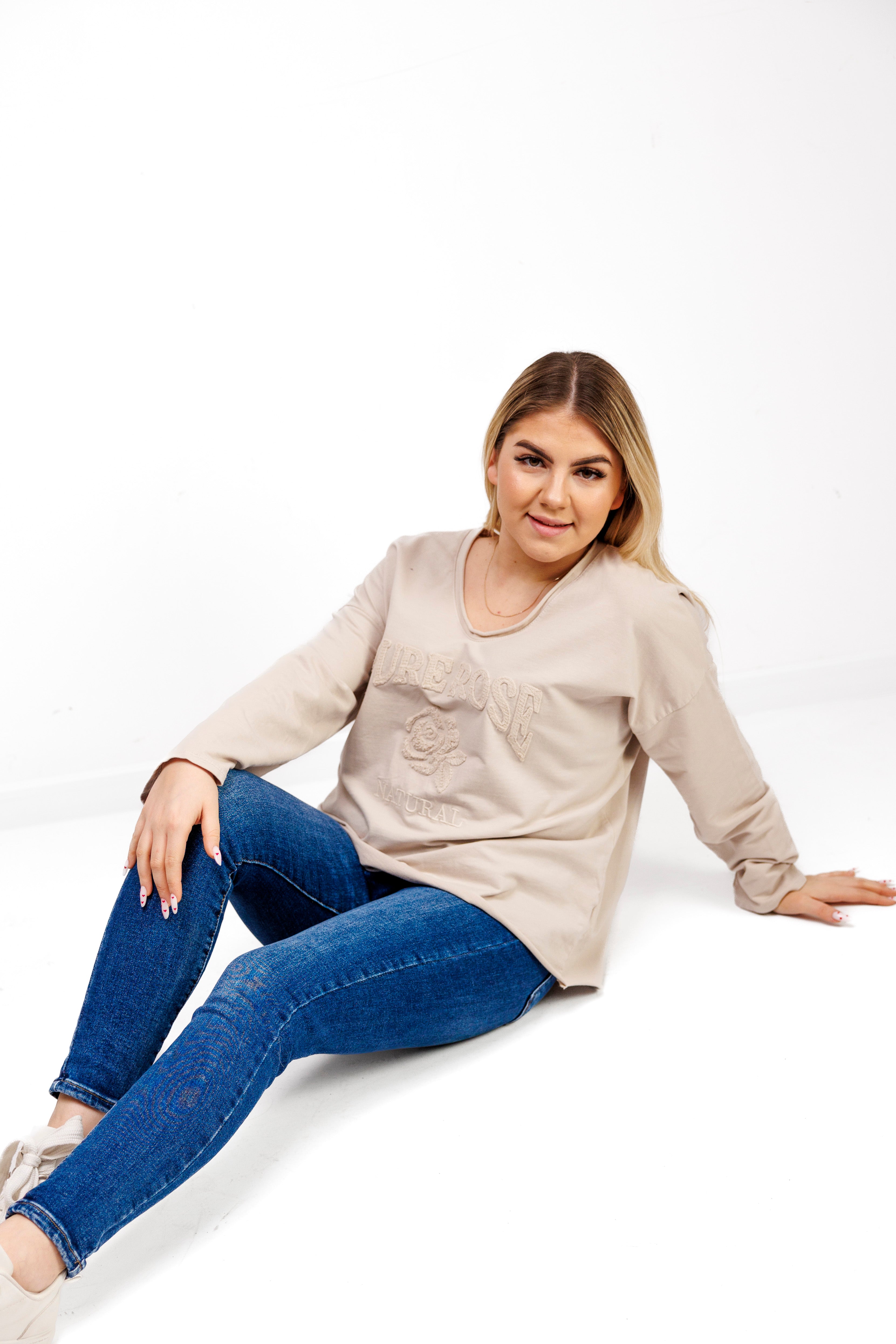 Bluzka z 100% bawełny z ozdobnym haftem Beż