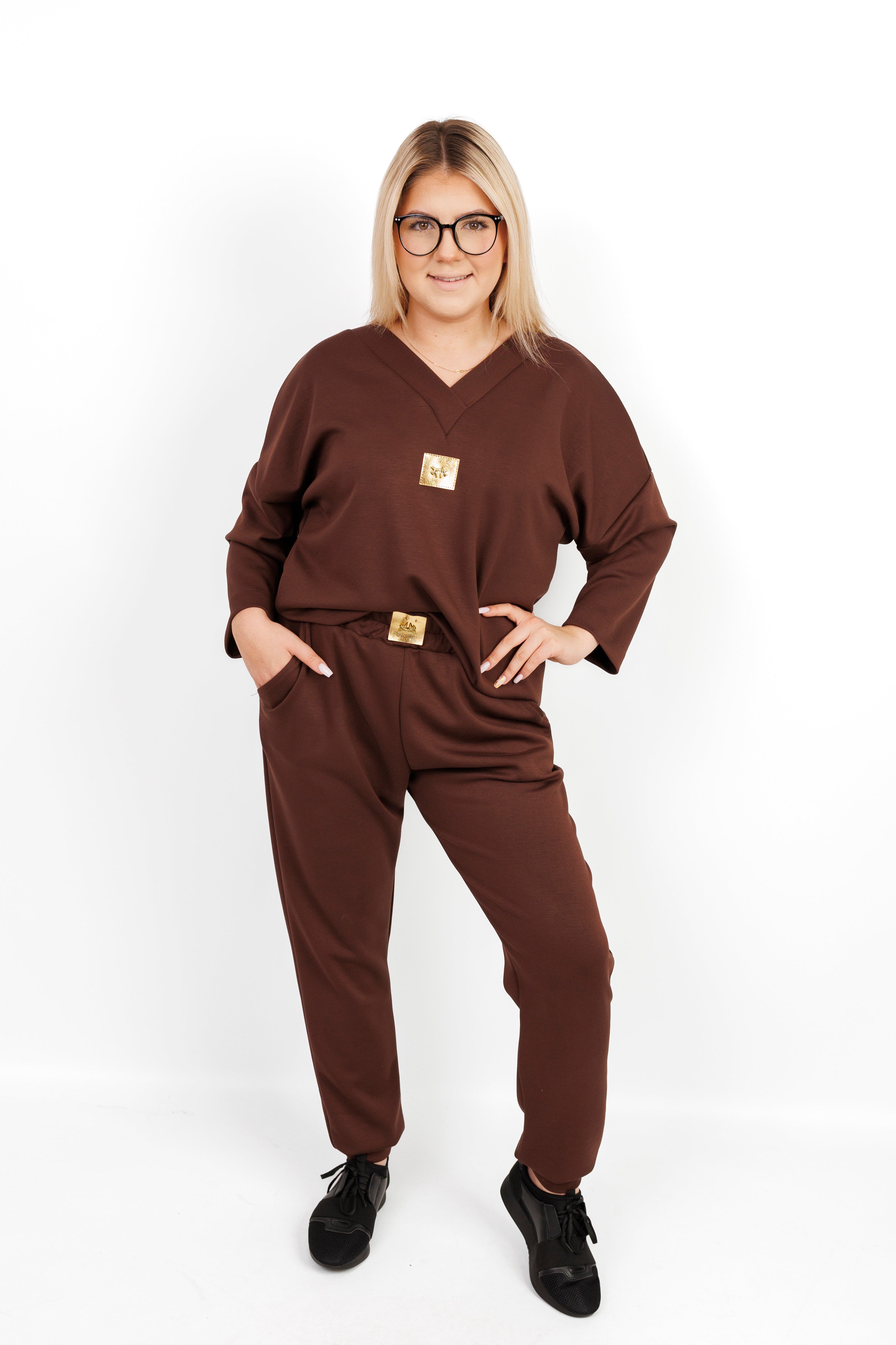 Elegancki komplet z materiału masełko Brąz