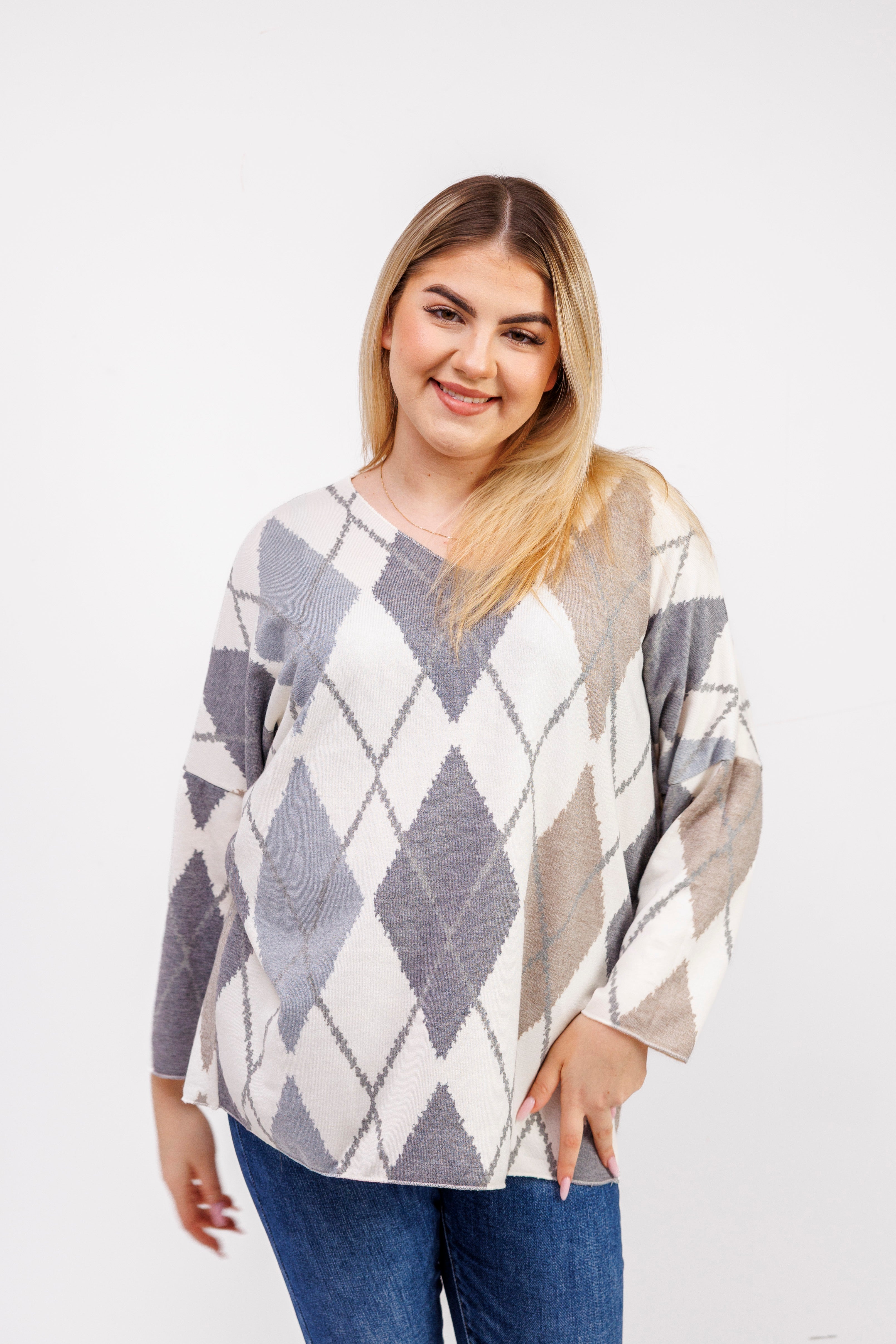 Dzianinowy sweter damski w romby Popiel