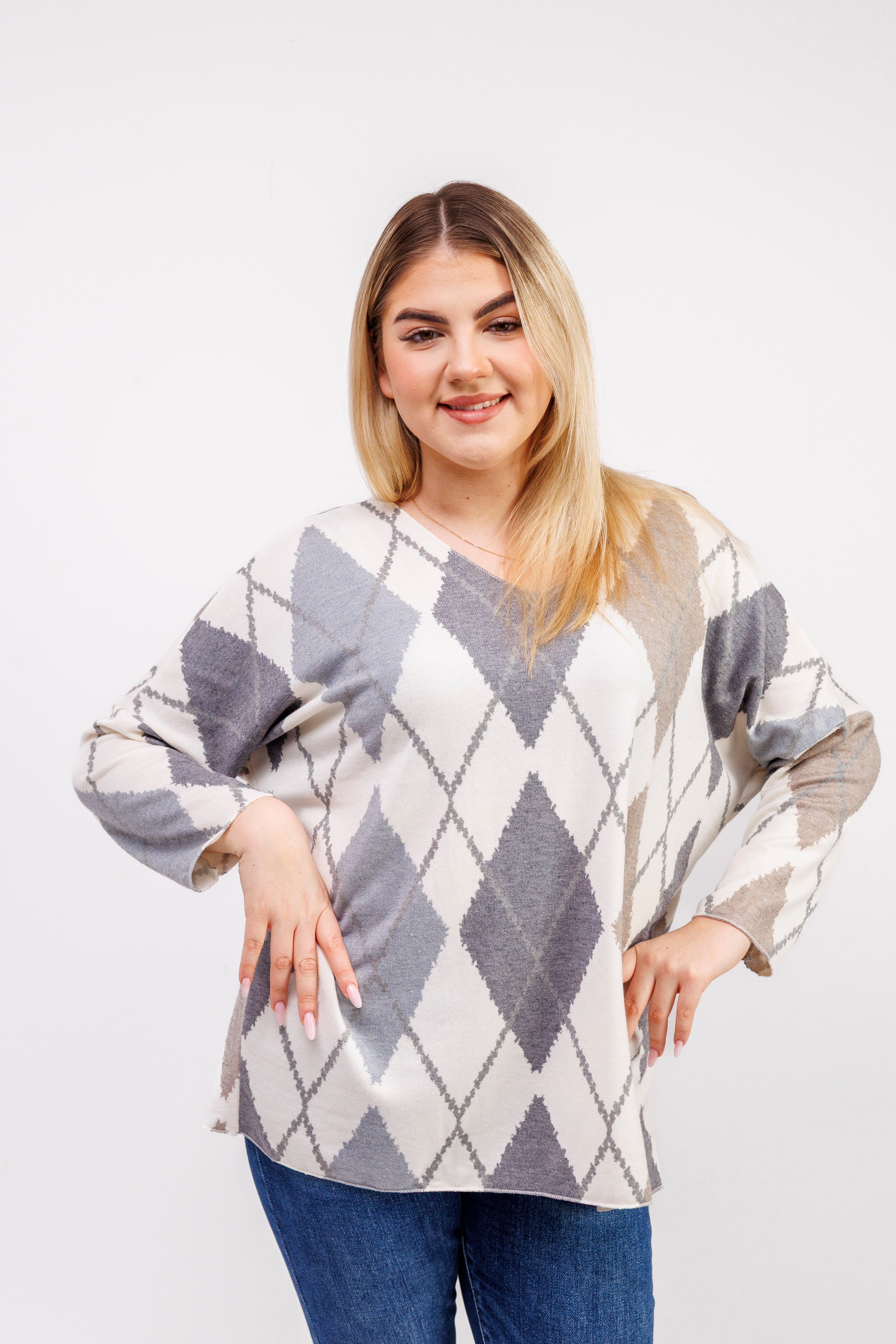 Dzianinowy sweter damski w romby Popiel